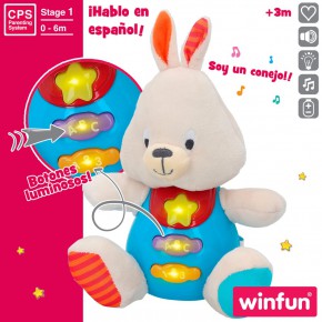 Winfun Pelúcia de coelho para bebês c/luzes e som em espanhol
