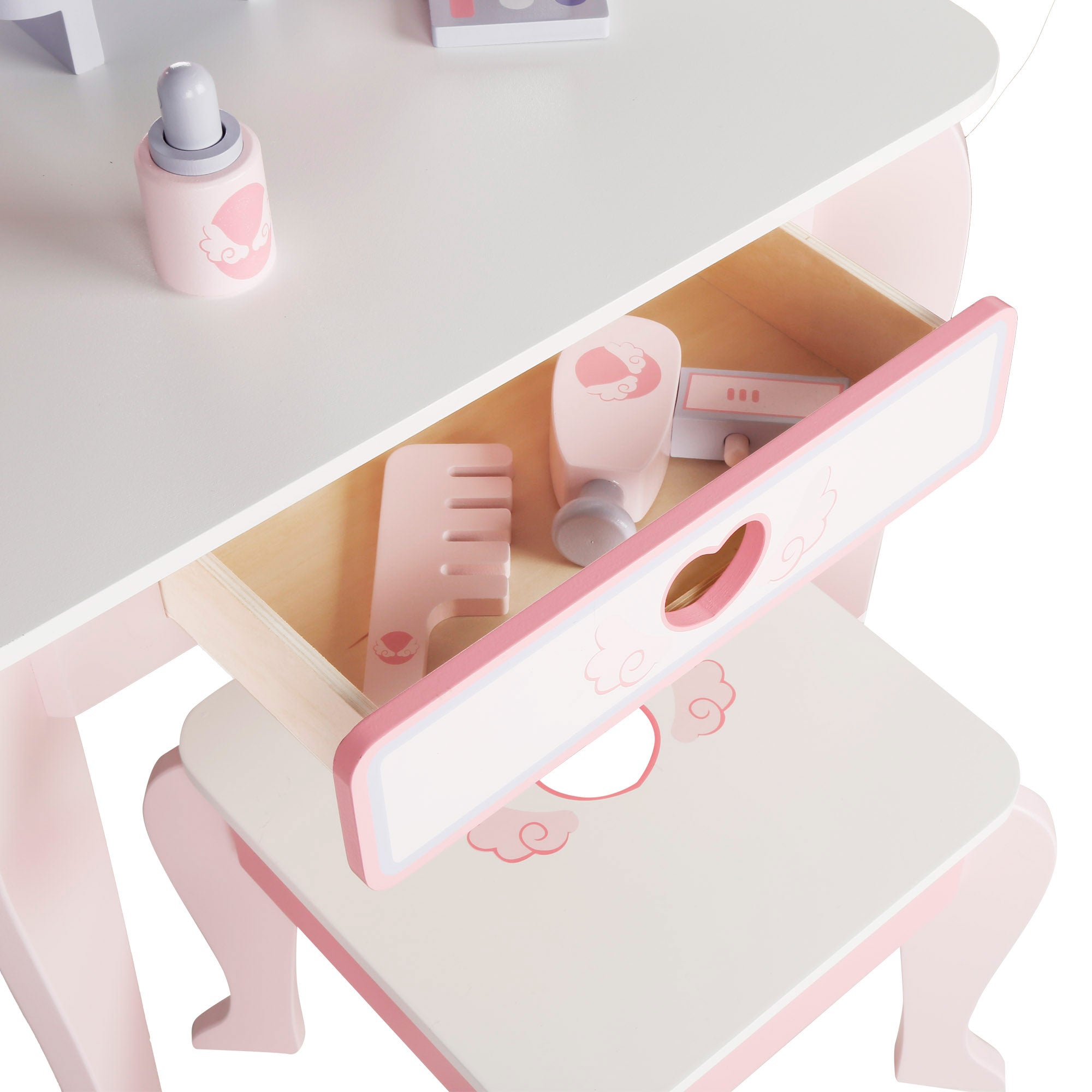 Toucador em madeira WOOMAX com banqueta e acessórios.