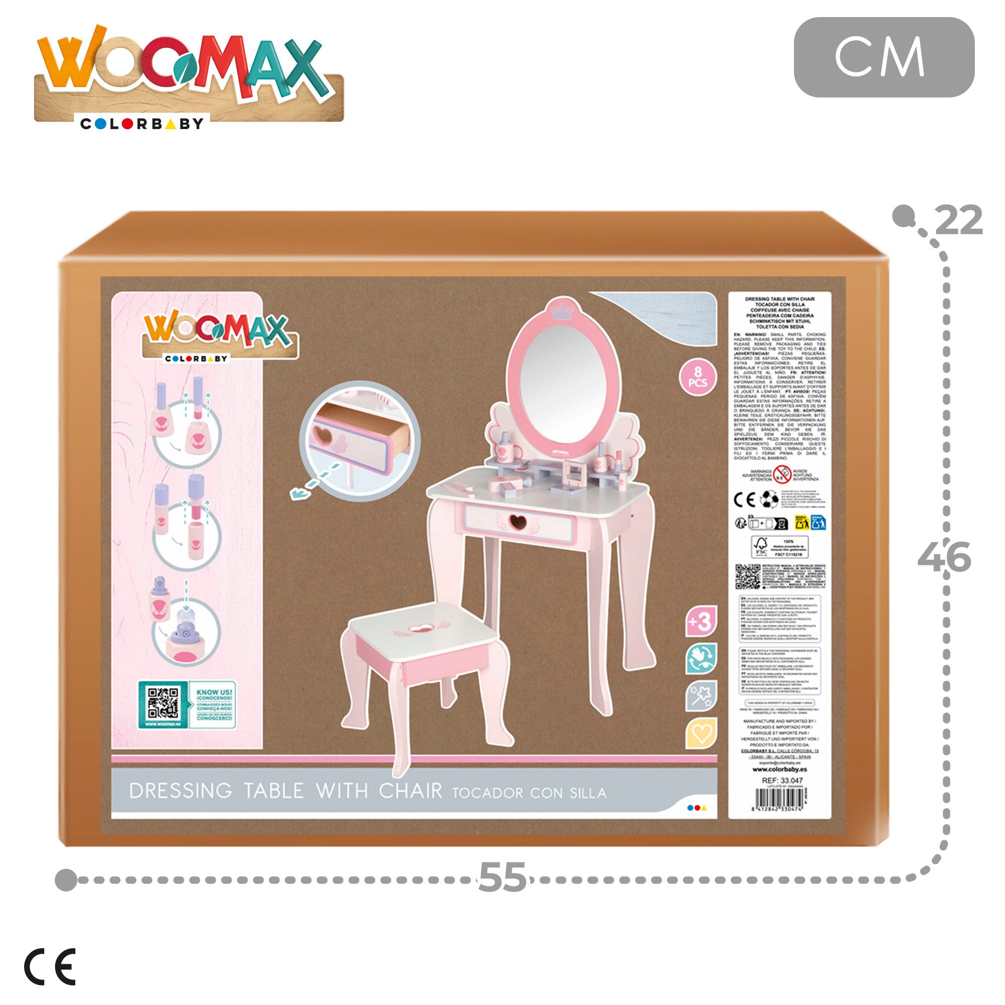 Toucador em madeira WOOMAX com banqueta e acessórios.