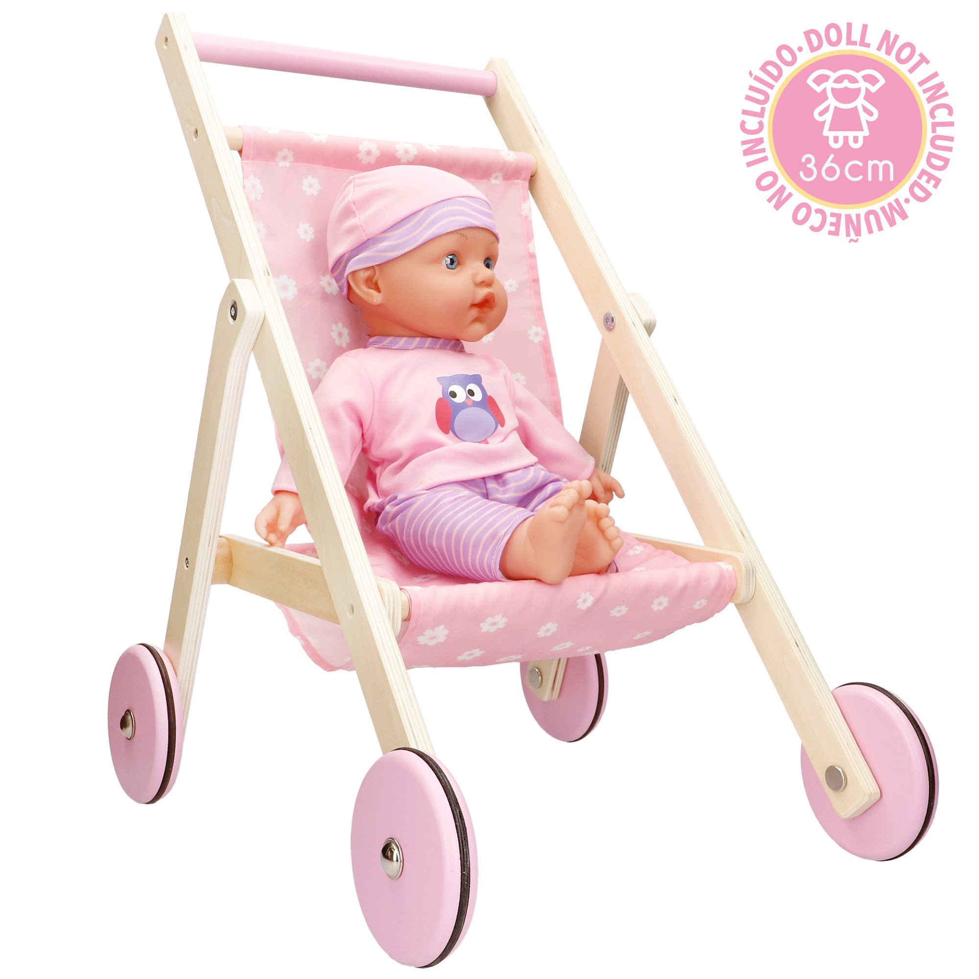 Carrinho de bonecas WOOMAX em madeira, 36 cm.