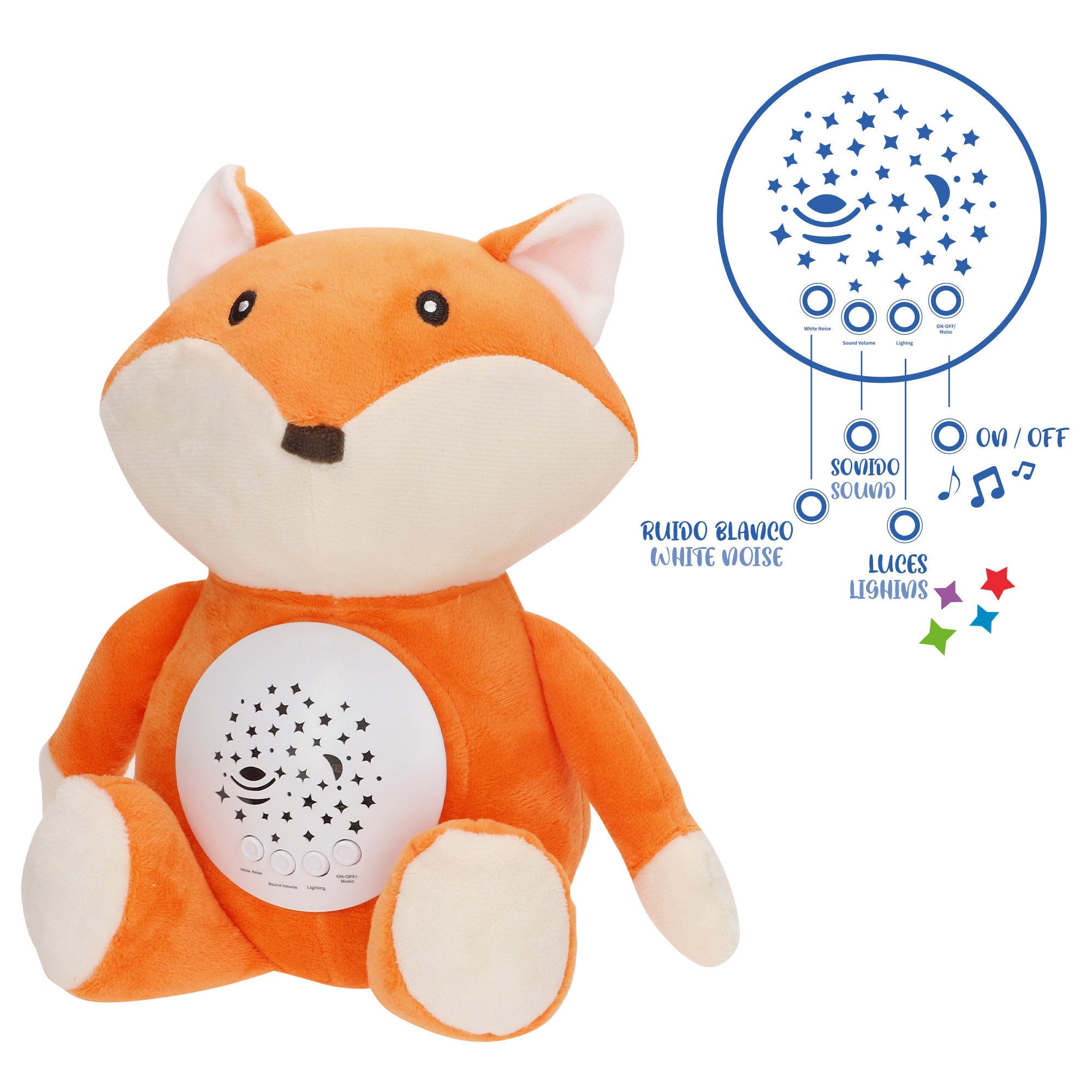 Projetor de Estrelas de Peluche com Raposa de Luz e Som - Genial Baby