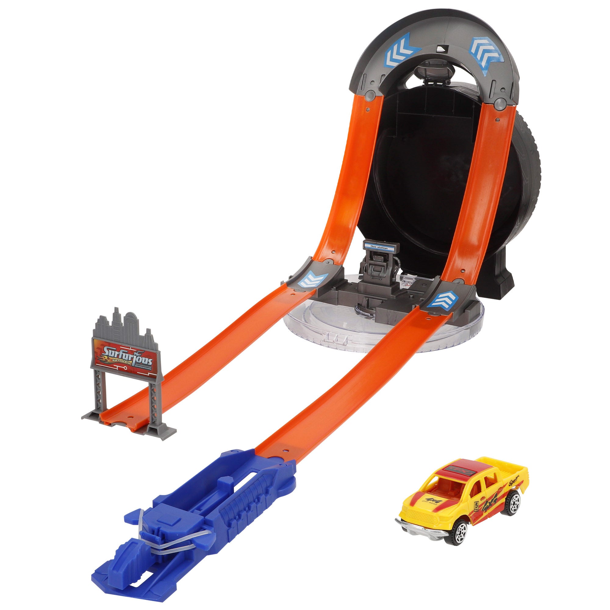 Pista de carrinhos de brinquedo 2 em 1 com luz e rotação de 360° Speed&amp; Go