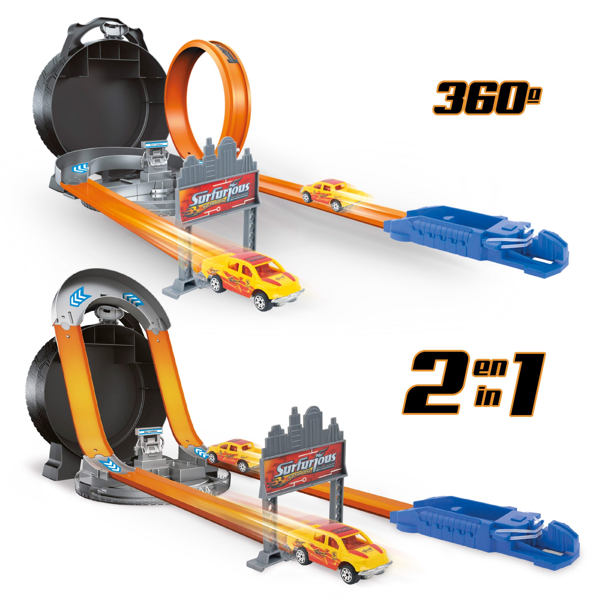 Pista de carrinhos de brinquedo 2 em 1 com luz e rotação de 360° Speed&amp; Go