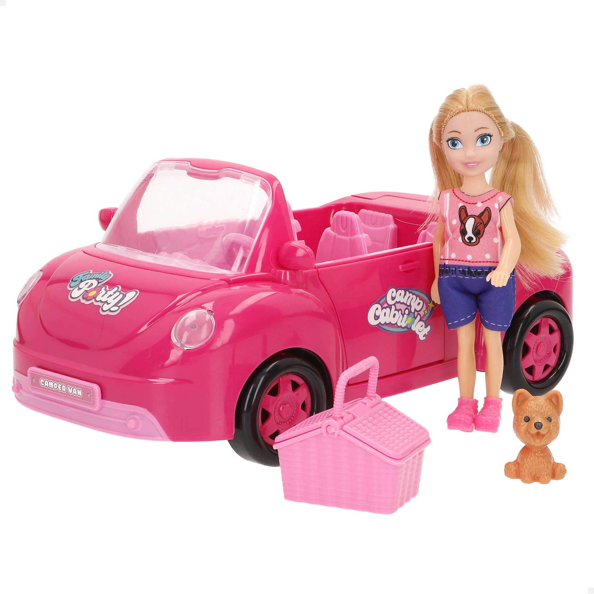 Boneca Bela com carro descapotável, cão e acessórios.