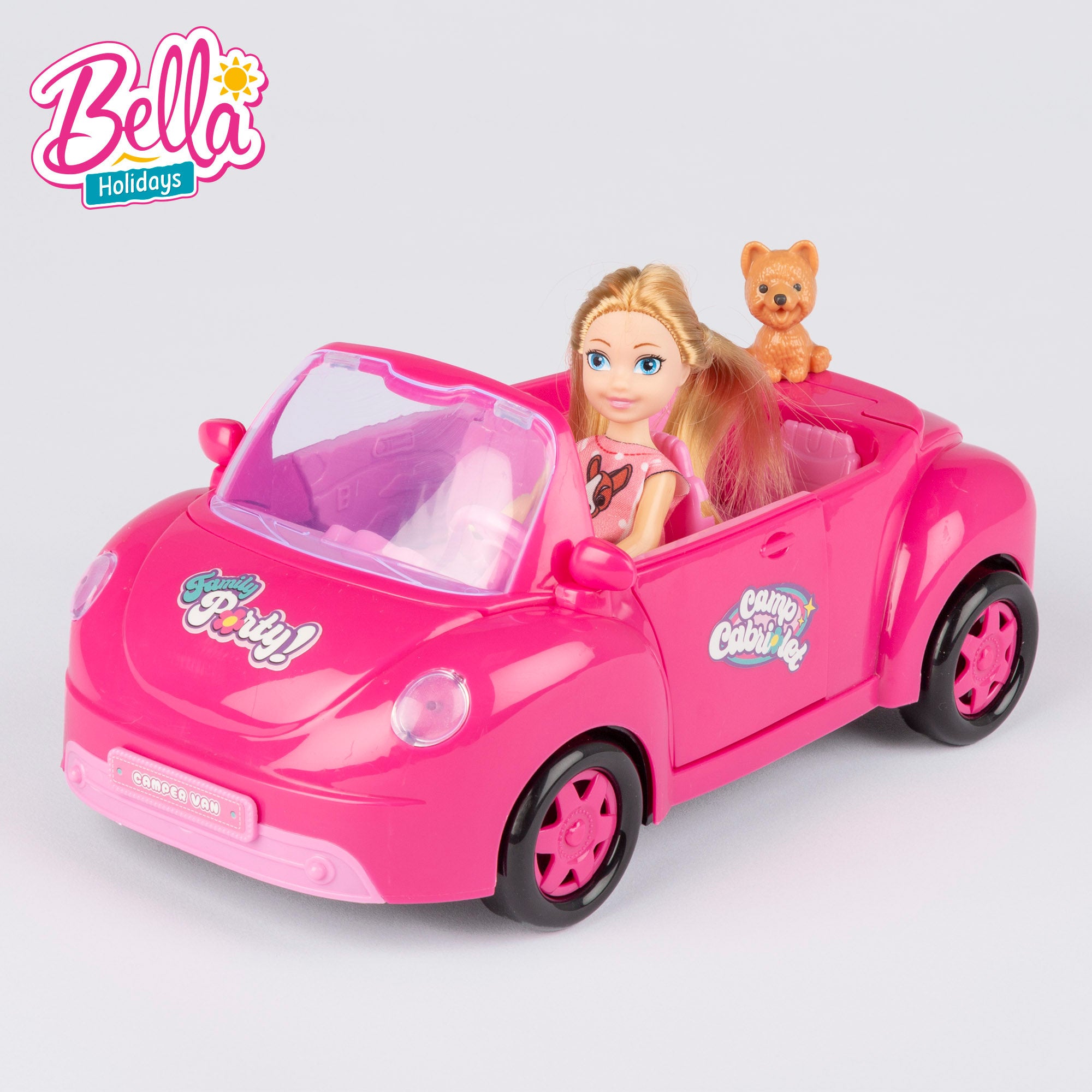 Boneca Bela com carro descapotável, cão e acessórios.