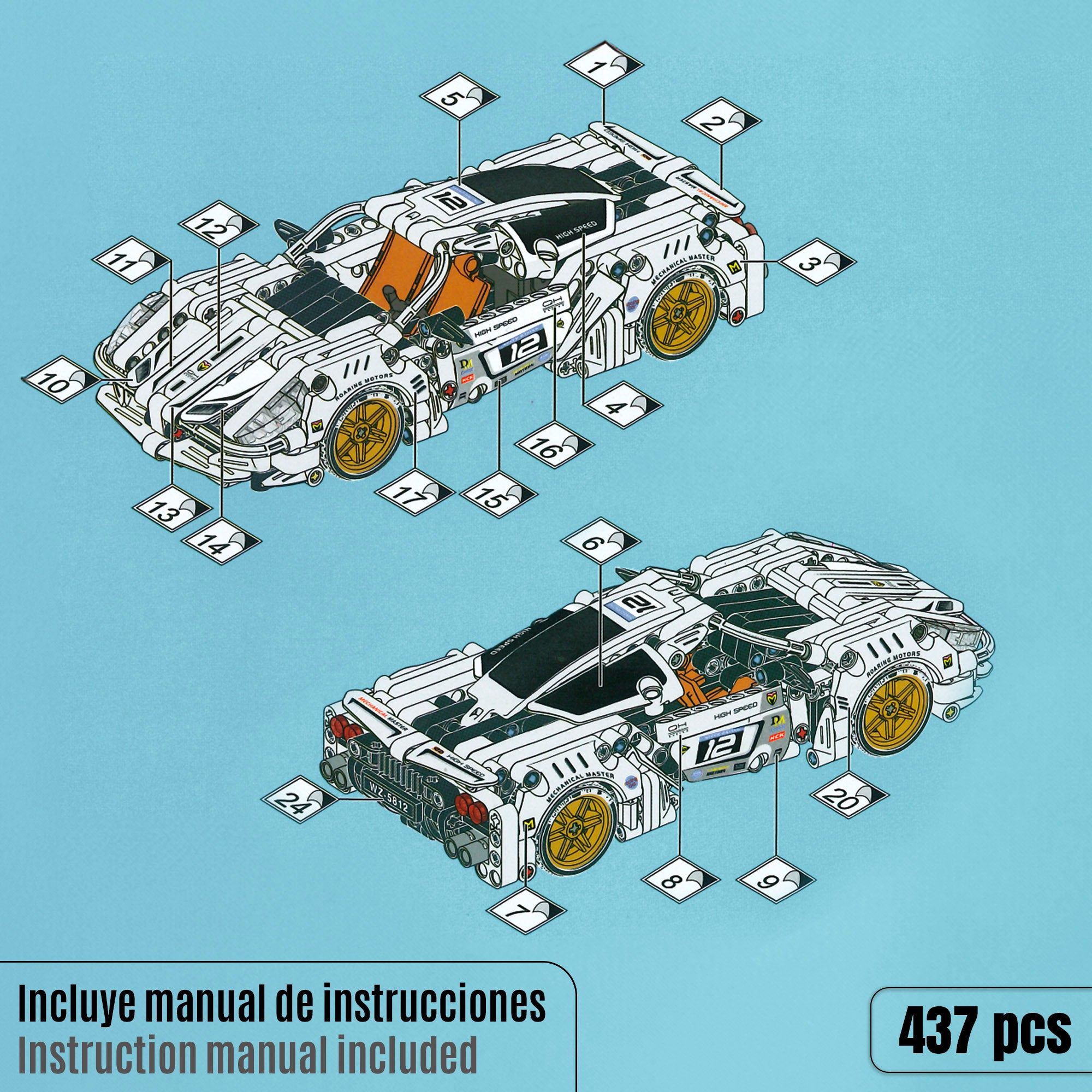Carrinho de corrida desmontável BYM, branco, 437 peças.