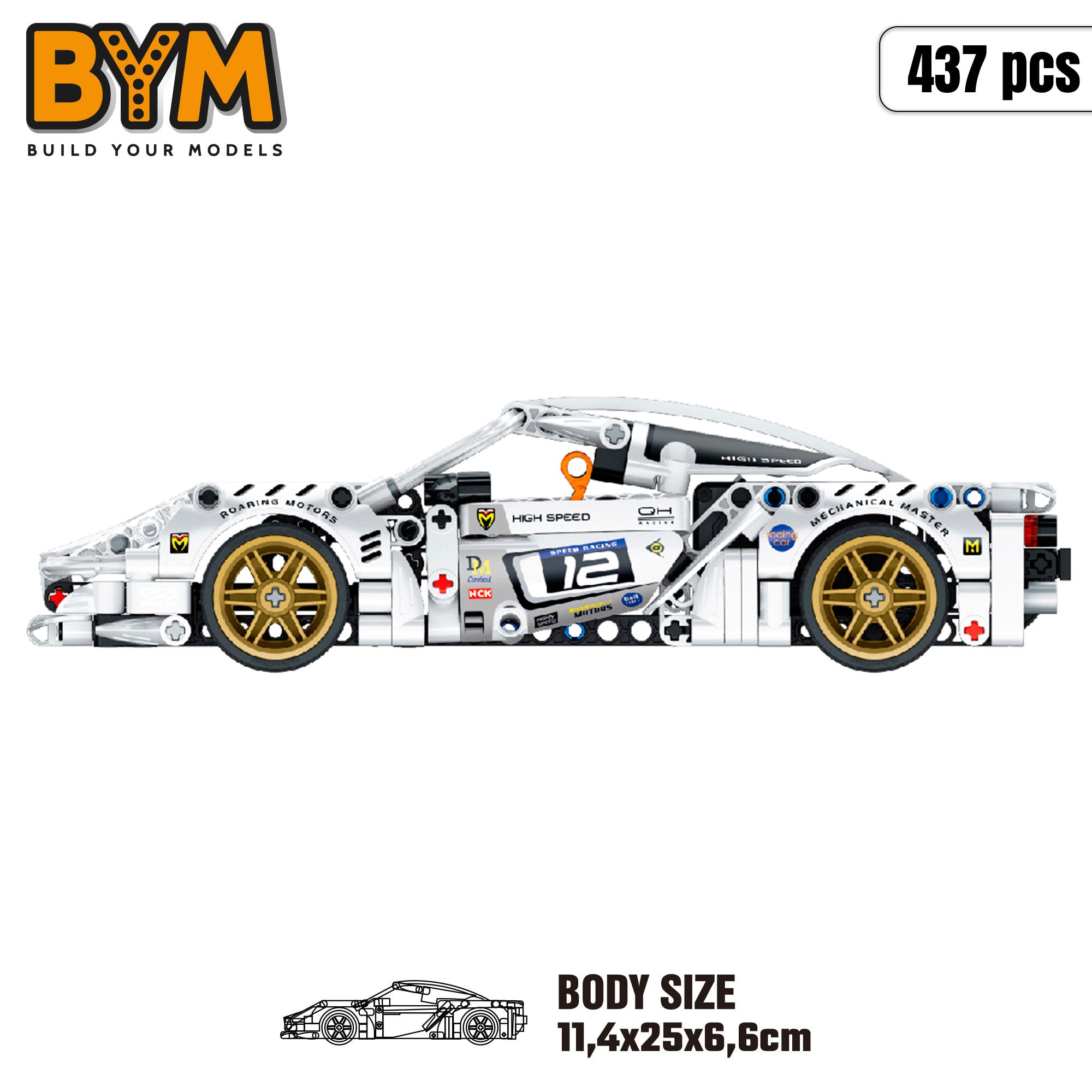 Carrinho de corrida desmontável BYM, branco, 437 peças.