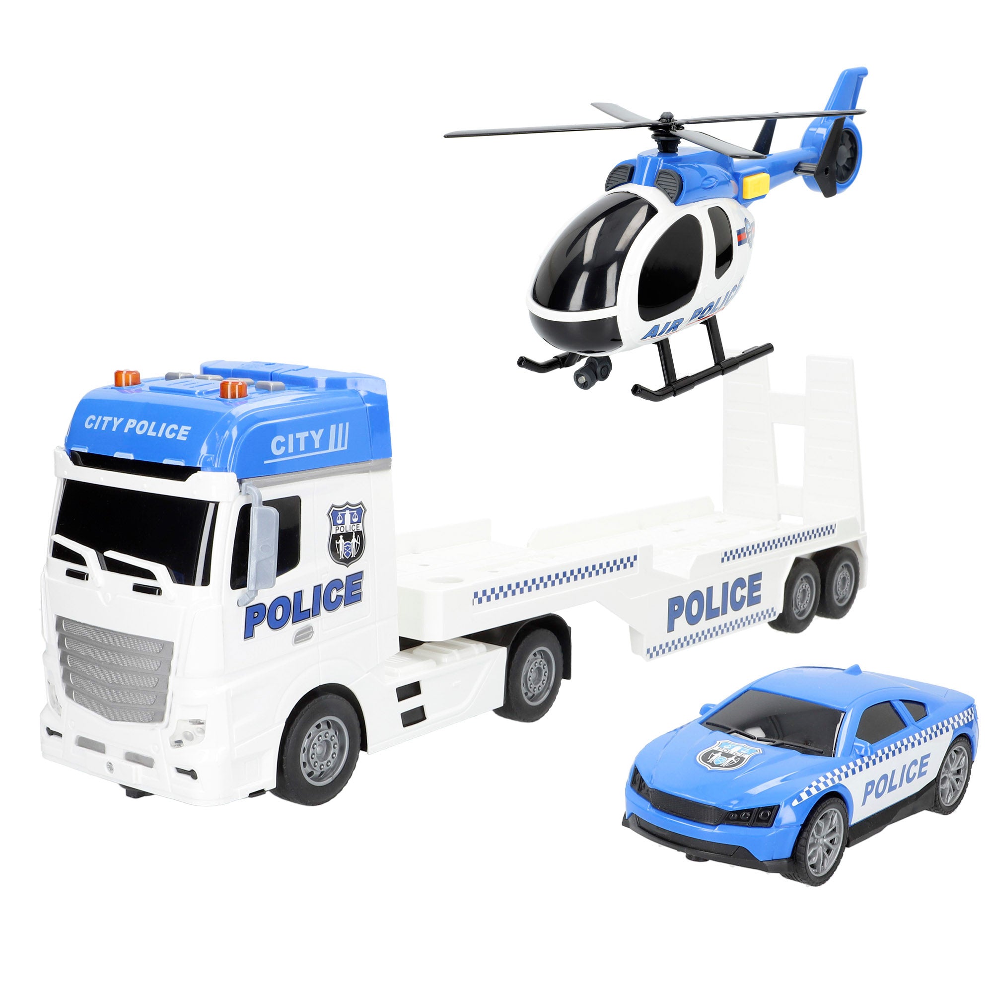 Camião de transporte de viaturas policiais Speed ​​​​&amp; Go, escala 1:12, com fricção, luzes e sons.