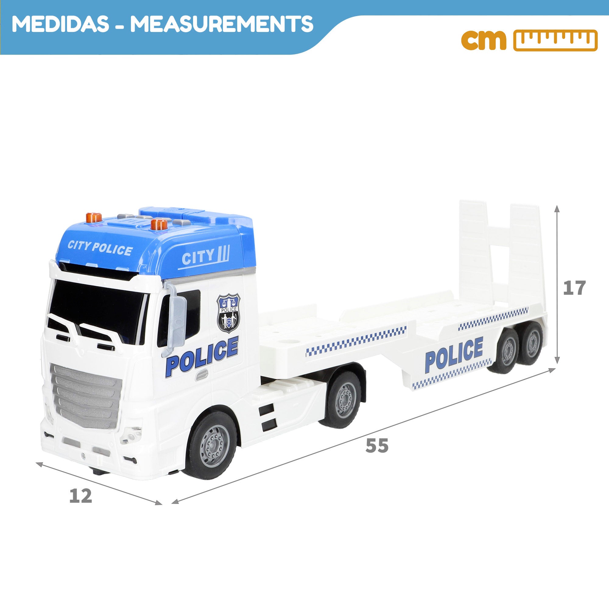 Camião de transporte de viaturas policiais Speed ​​​​&amp; Go, escala 1:12, com fricção, luzes e sons.