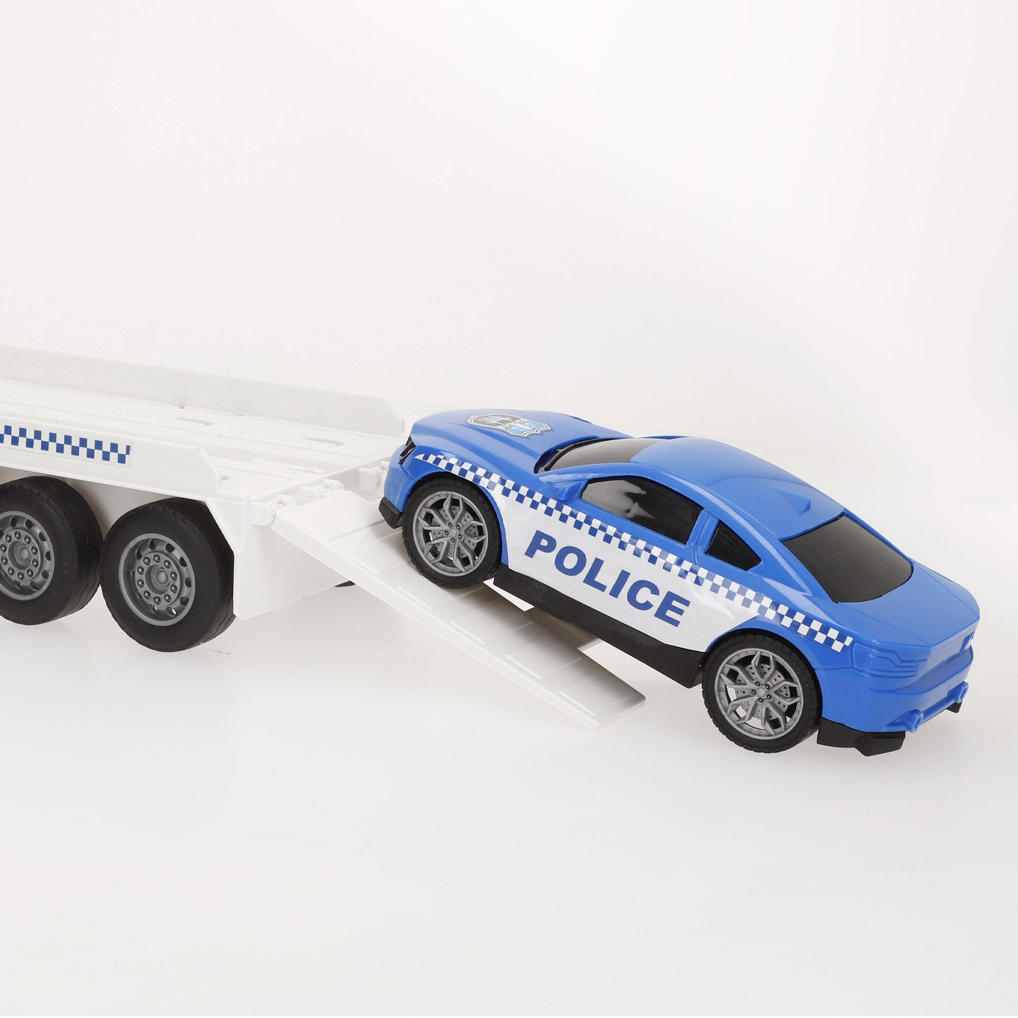 Camião de transporte de viaturas policiais Speed ​​​​&amp; Go, escala 1:12, com fricção, luzes e sons.