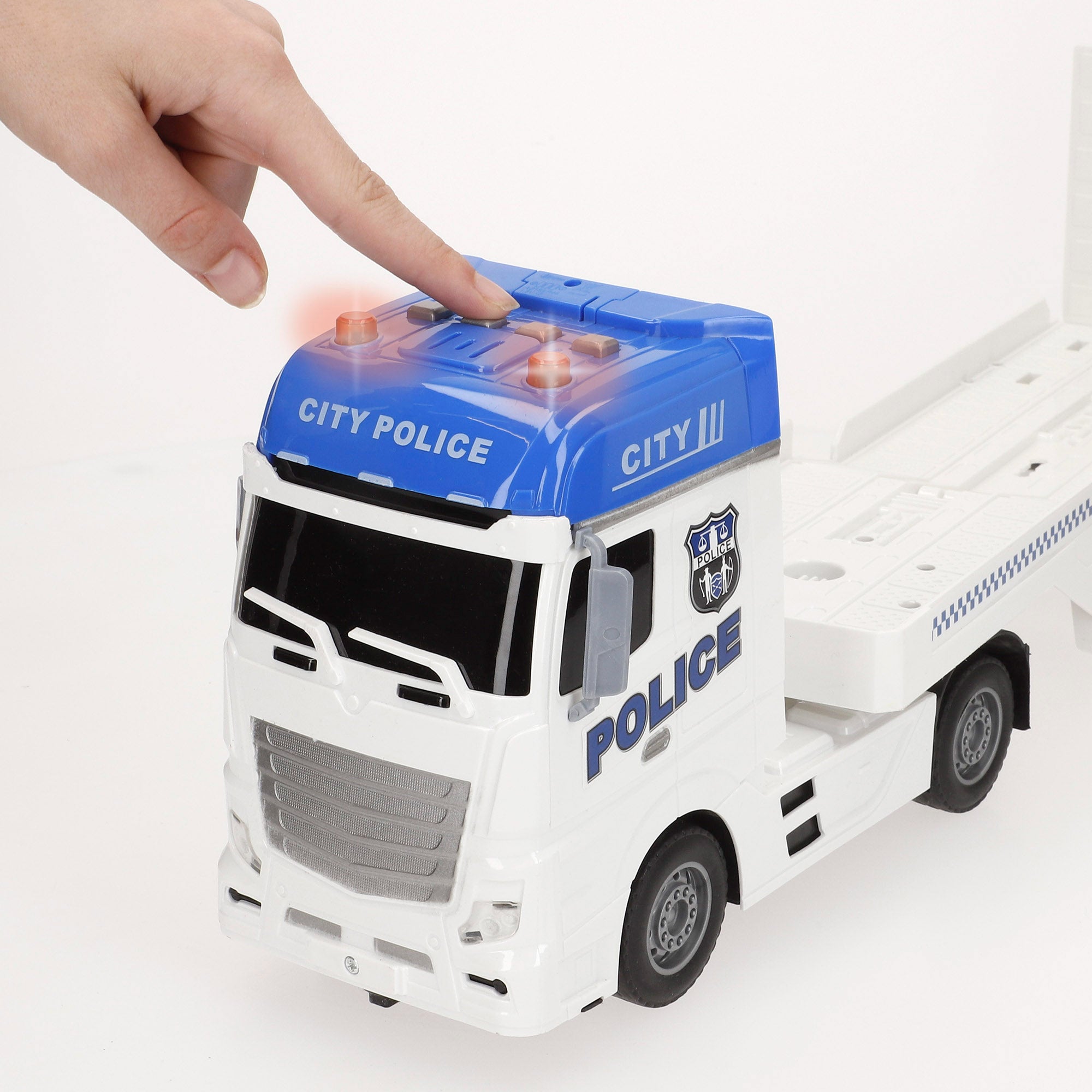 Camião de transporte de viaturas policiais Speed ​​​​&amp; Go, escala 1:12, com fricção, luzes e sons.