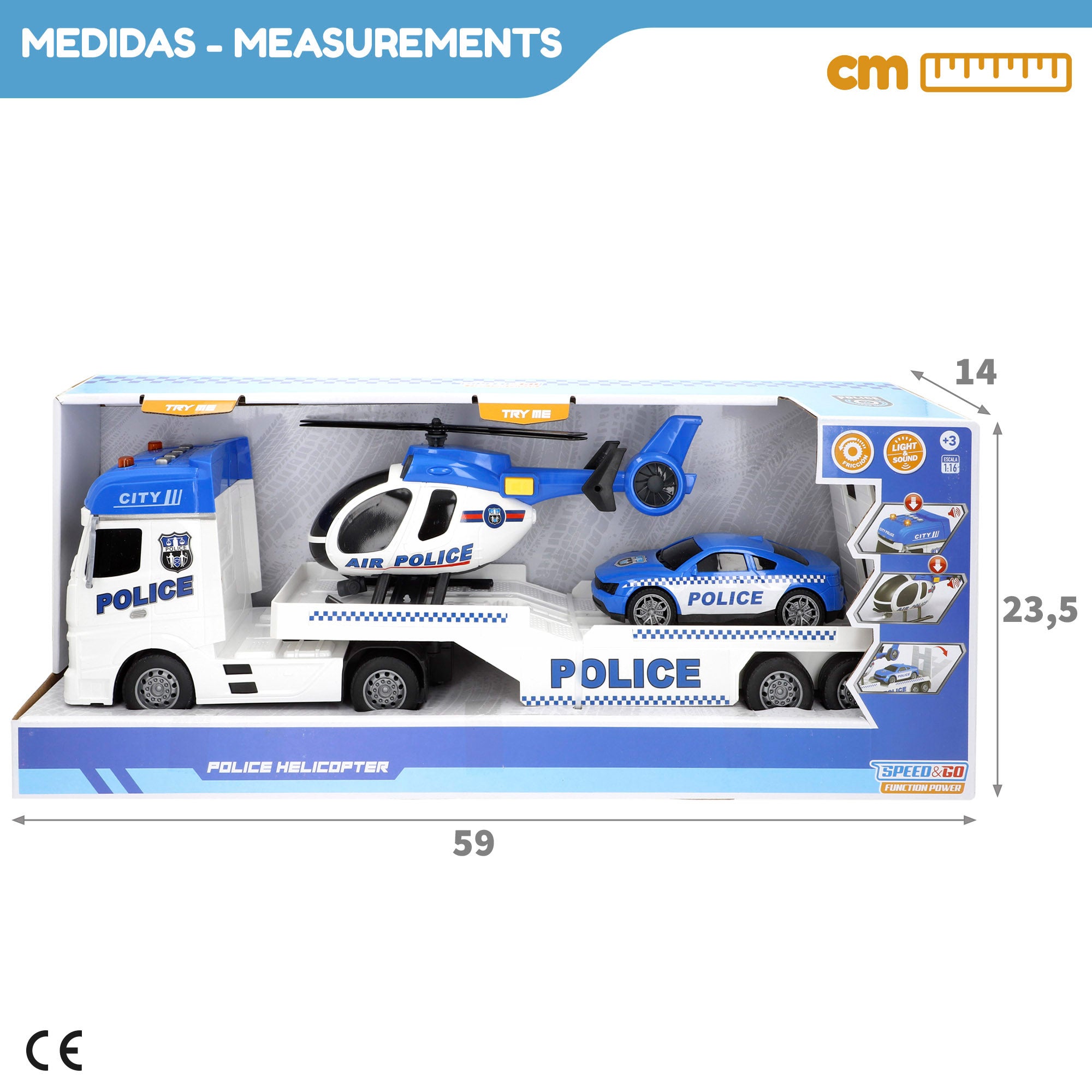Camião de transporte de viaturas policiais Speed ​​​​&amp; Go, escala 1:12, com fricção, luzes e sons.