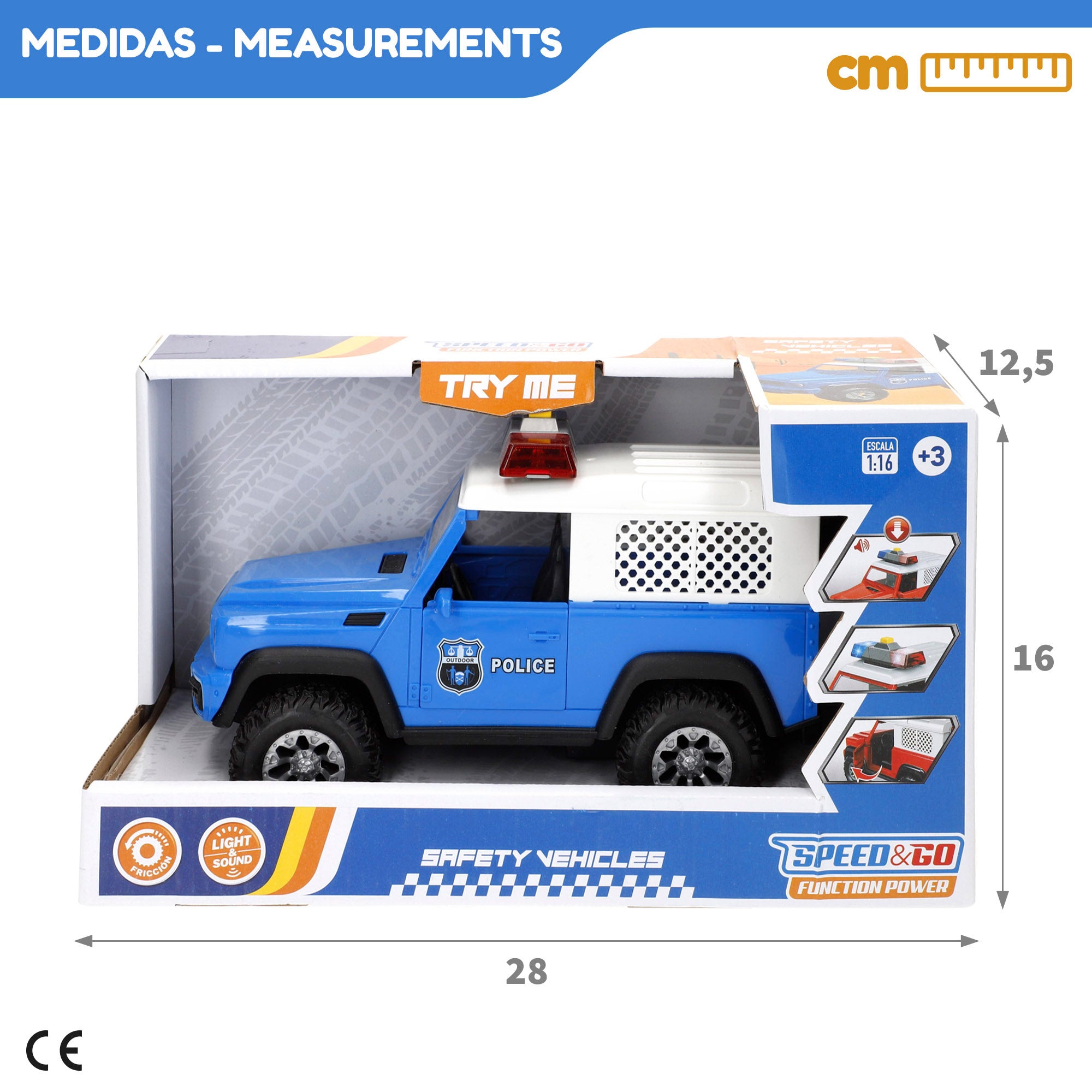 Carro de polícia todo-o-terreno Speed ​​​​&amp; Go com fricção, escala 1:16, com luzes e sons.