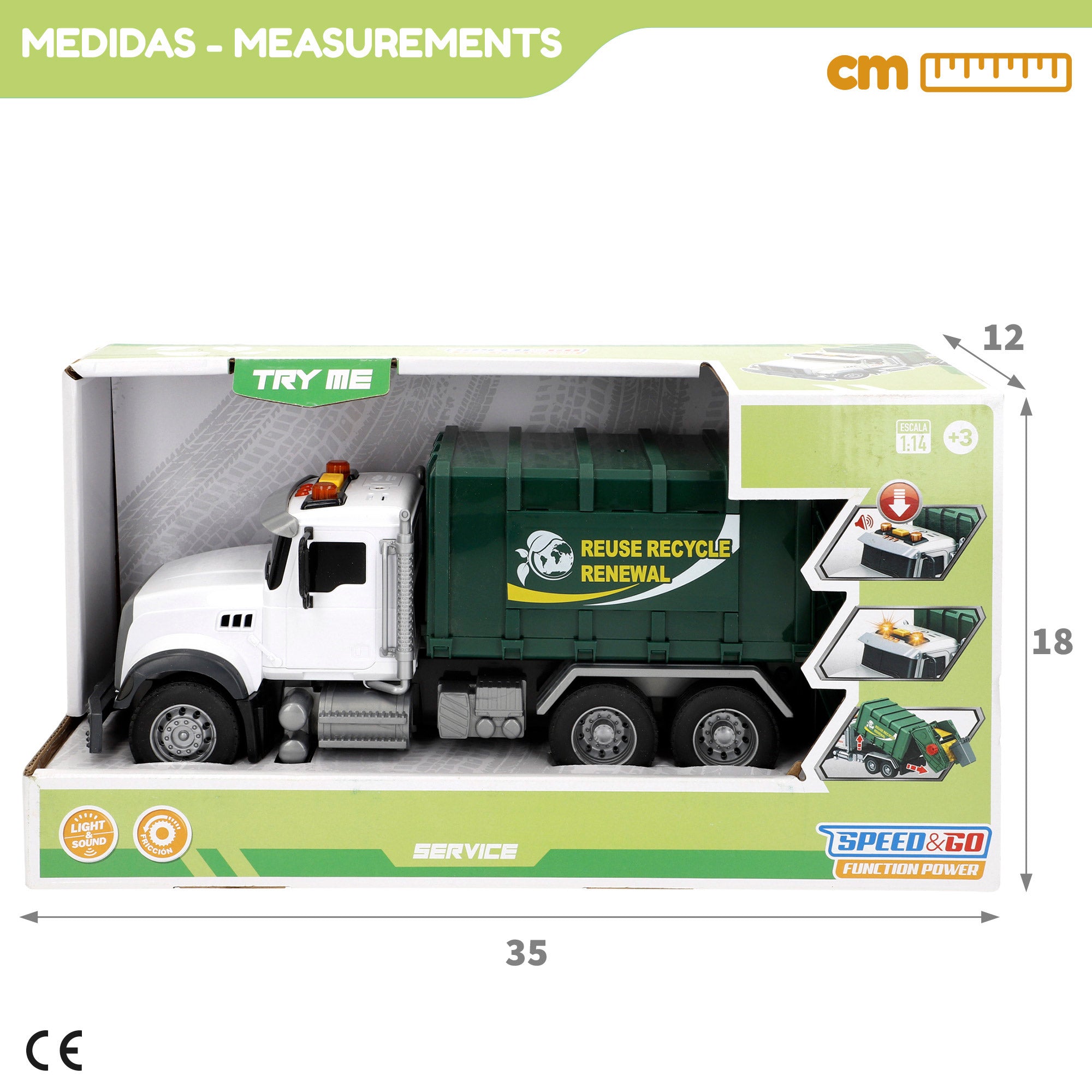 Camião de reciclagem Speed ​​​​&amp; Go com fricção, luz e som, escala 1:14.