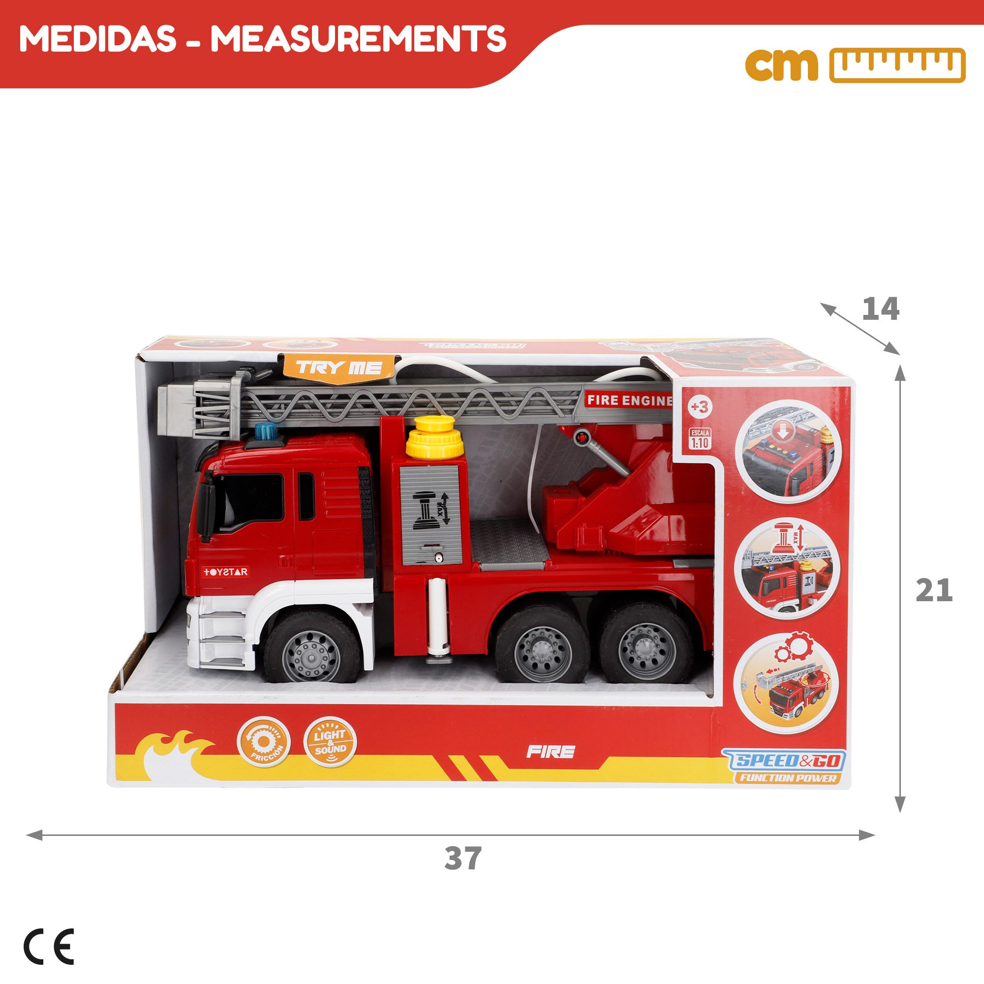 Camião de Bombeiros de Brinquedo com Fricção, Escala 1:10, com Luzes e Sons.