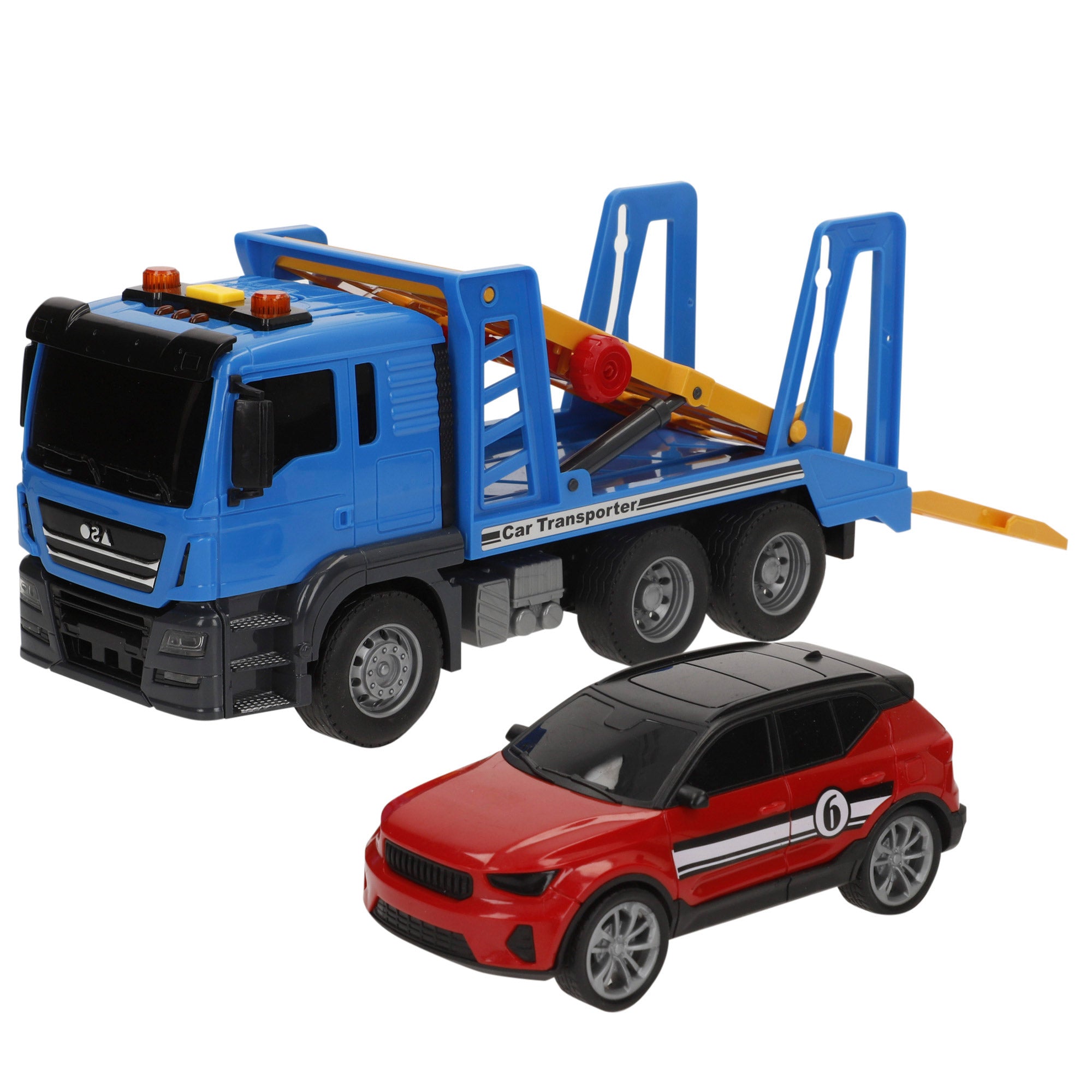 Camião transportador de automóveis Speed ​​​​&amp; Go com fricção, luzes e sons, escala 1:14.