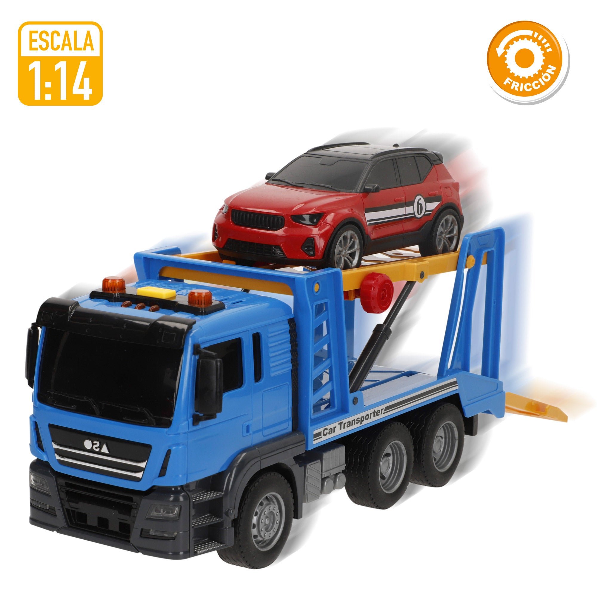 Camião transportador de automóveis Speed ​​​​&amp; Go com fricção, luzes e sons, escala 1:14.