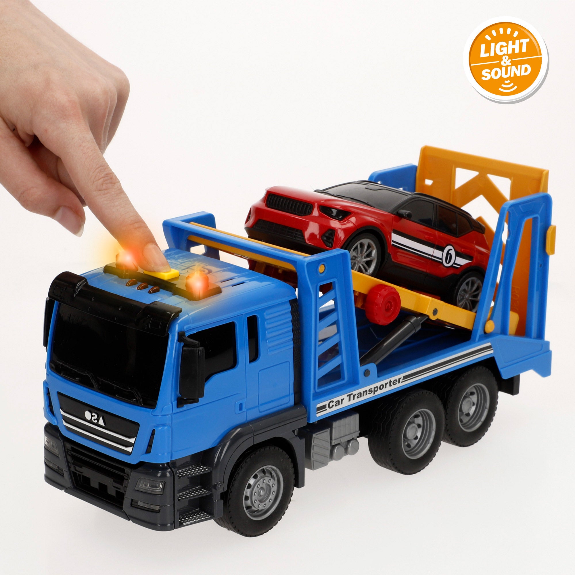 Camião transportador de automóveis Speed ​​​​&amp; Go com fricção, luzes e sons, escala 1:14.
