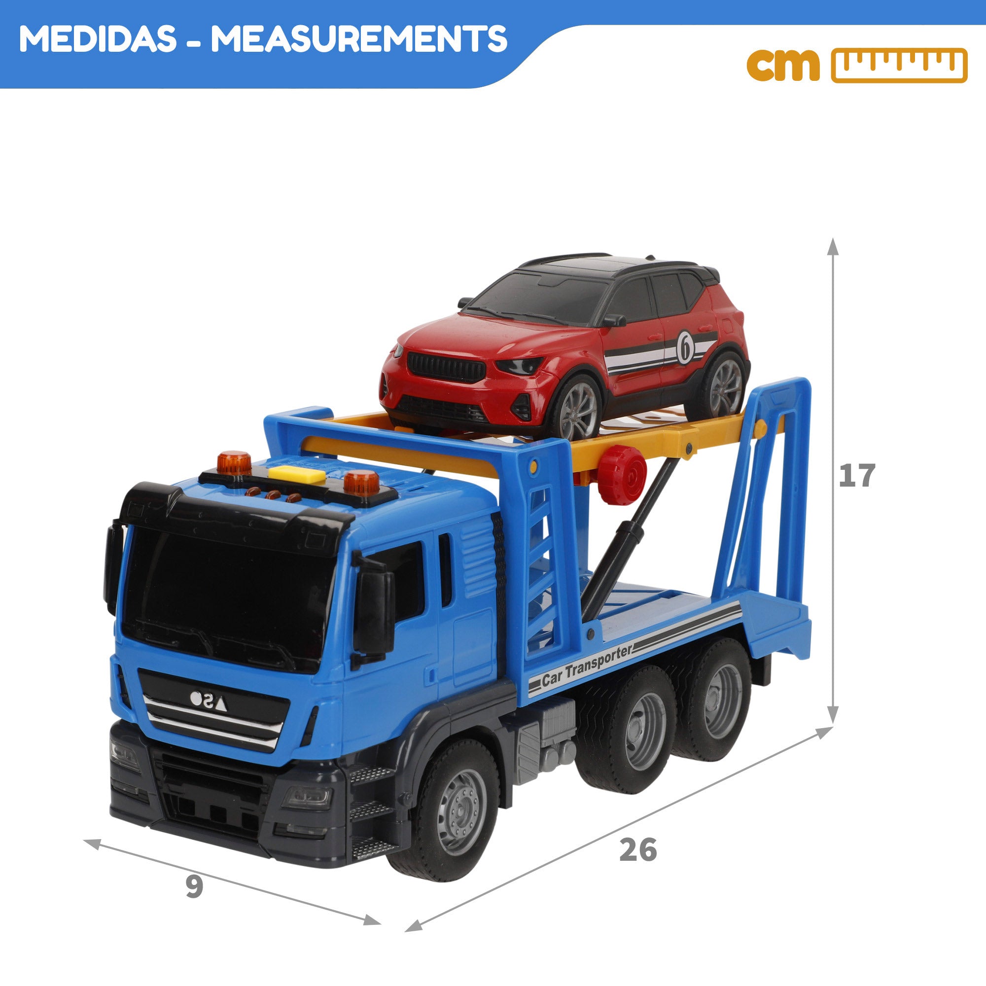 Camião transportador de automóveis Speed ​​​​&amp; Go com fricção, luzes e sons, escala 1:14.