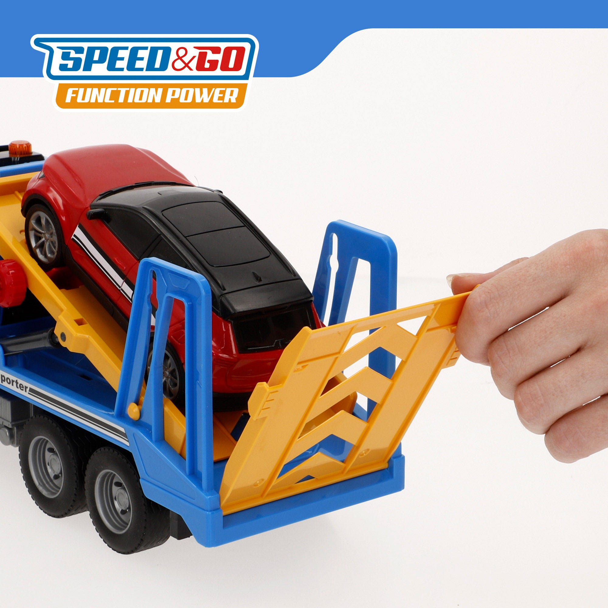Camião transportador de automóveis Speed ​​​​&amp; Go com fricção, luzes e sons, escala 1:14.
