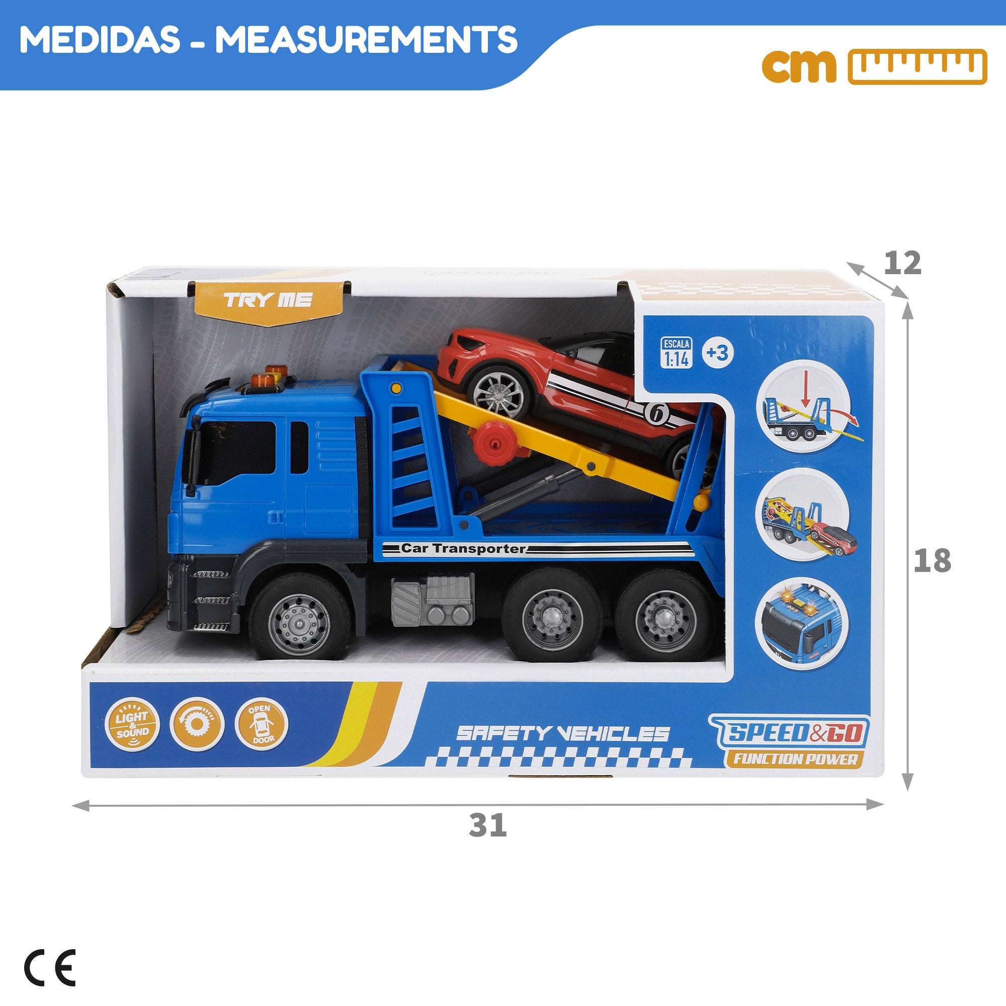 Camião transportador de automóveis Speed ​​​​&amp; Go com fricção, luzes e sons, escala 1:14.