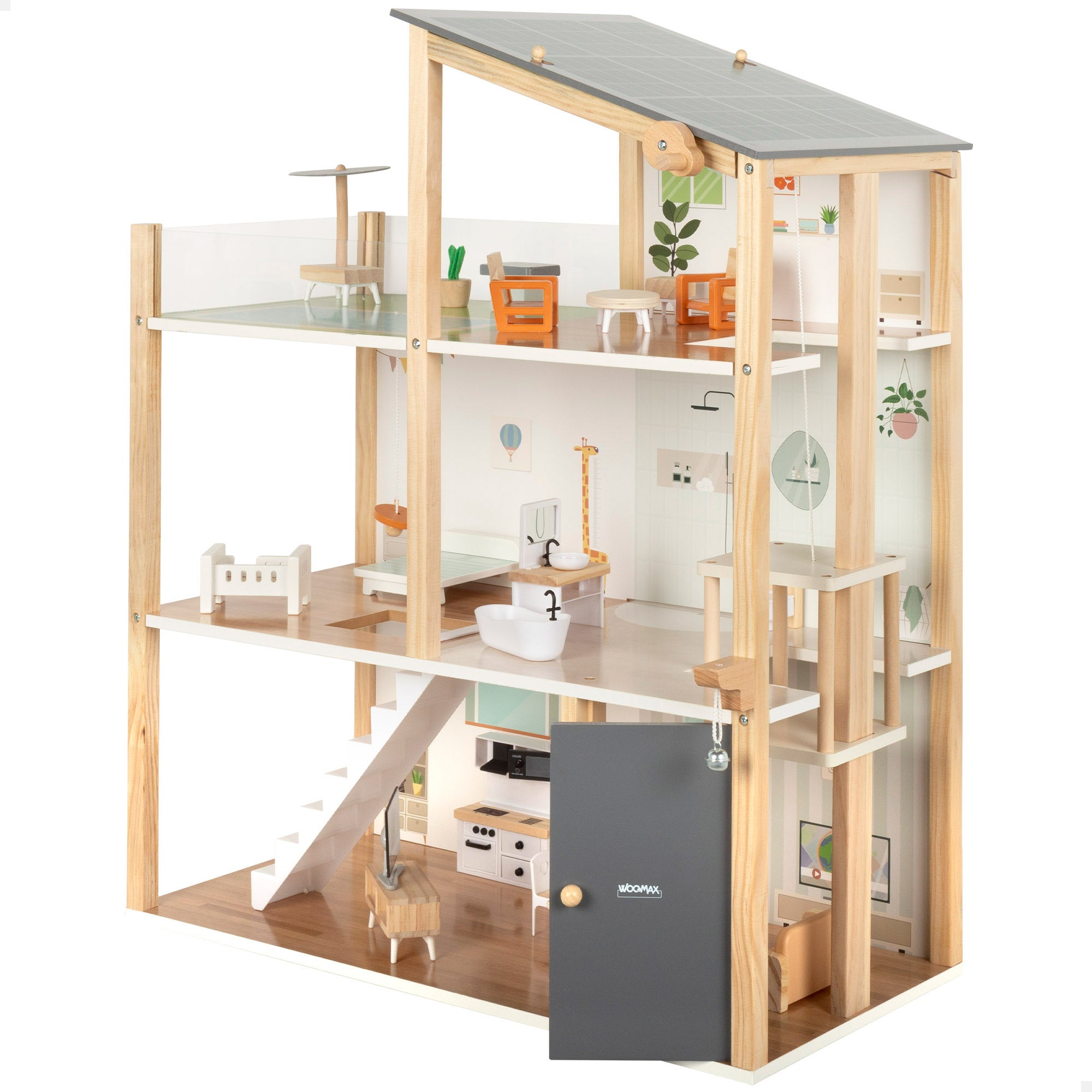 Casa de bonecas em madeira WOOMAX com 3 andares e acessórios.