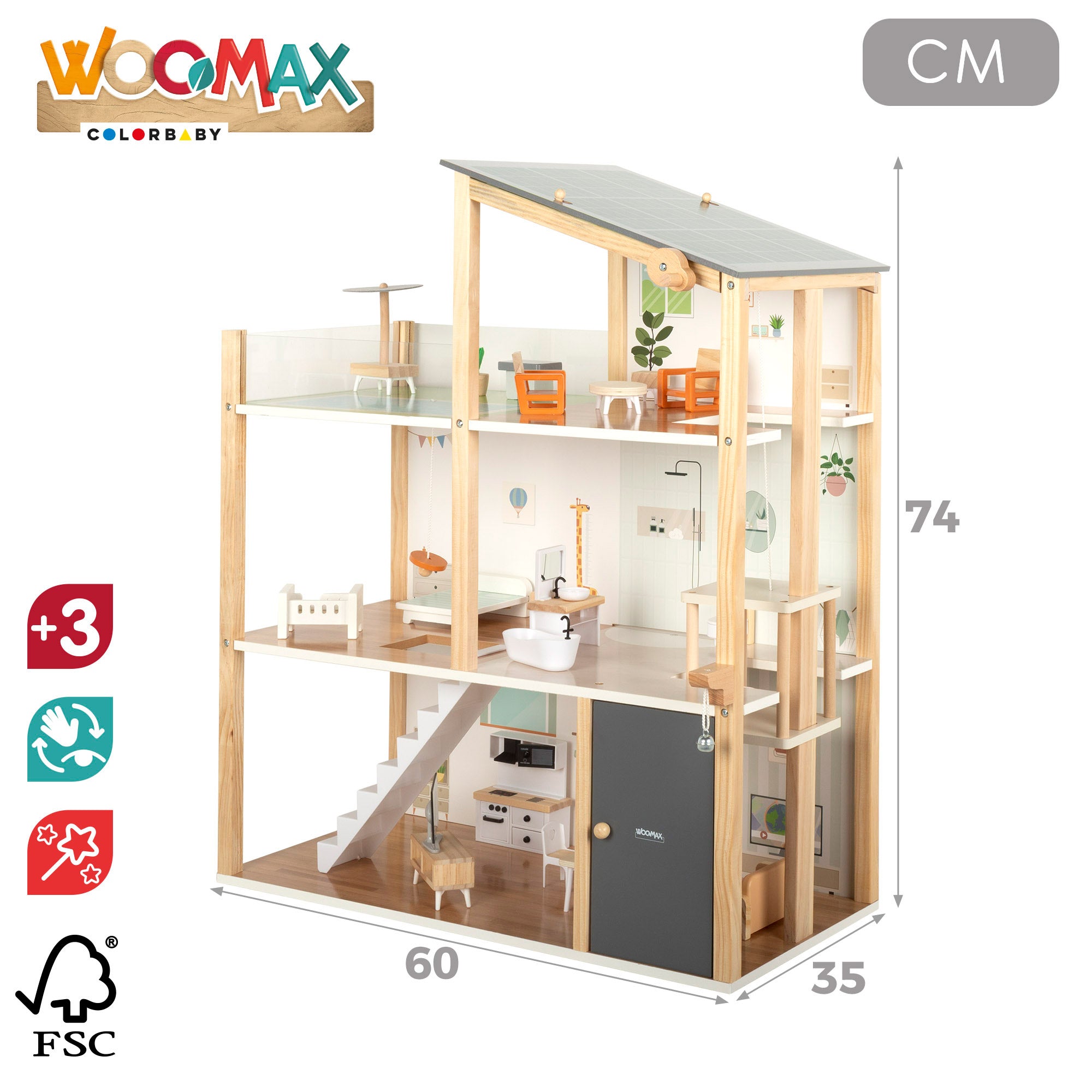 Casa de bonecas em madeira WOOMAX com 3 andares e acessórios.