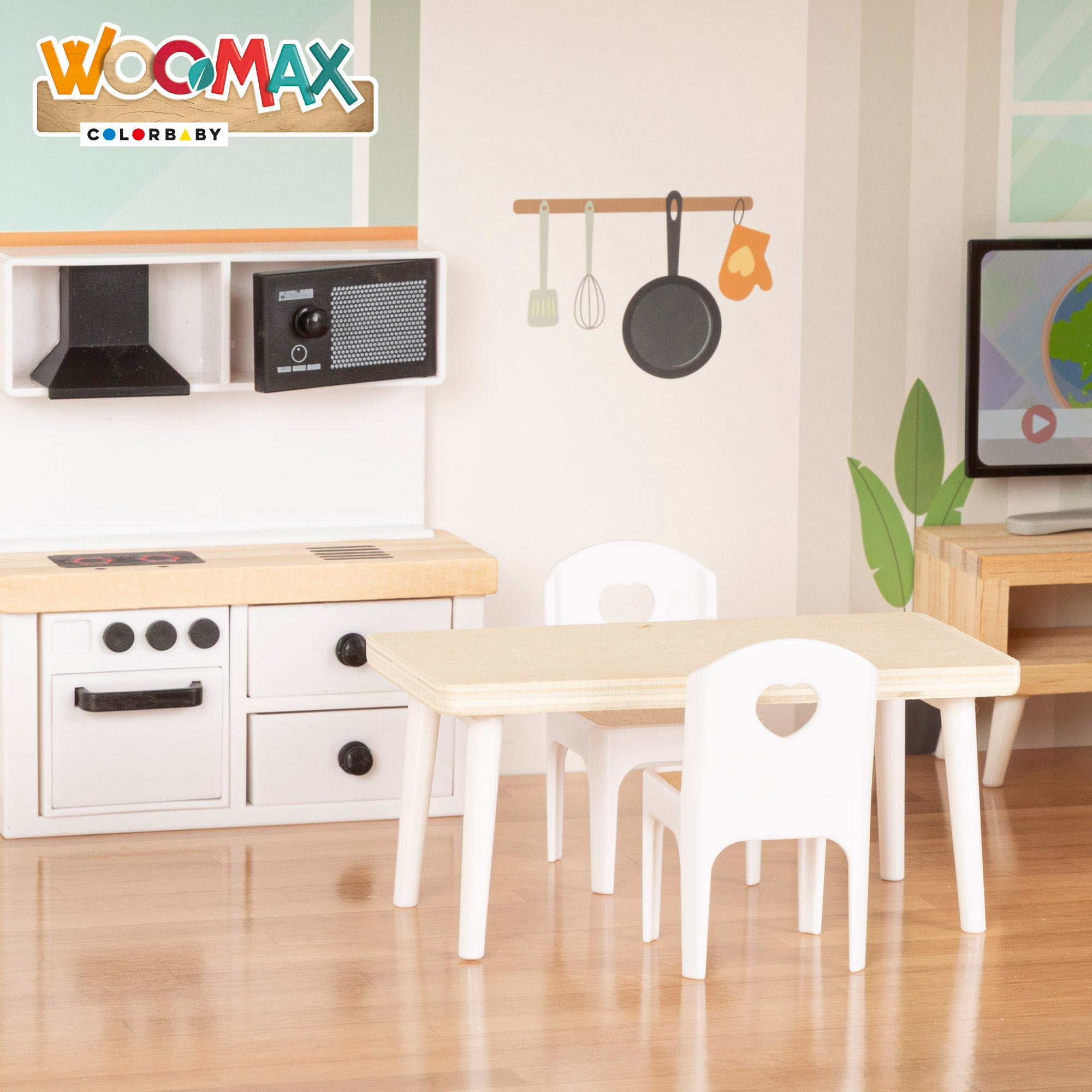Casa de bonecas em madeira WOOMAX com 3 andares e acessórios.