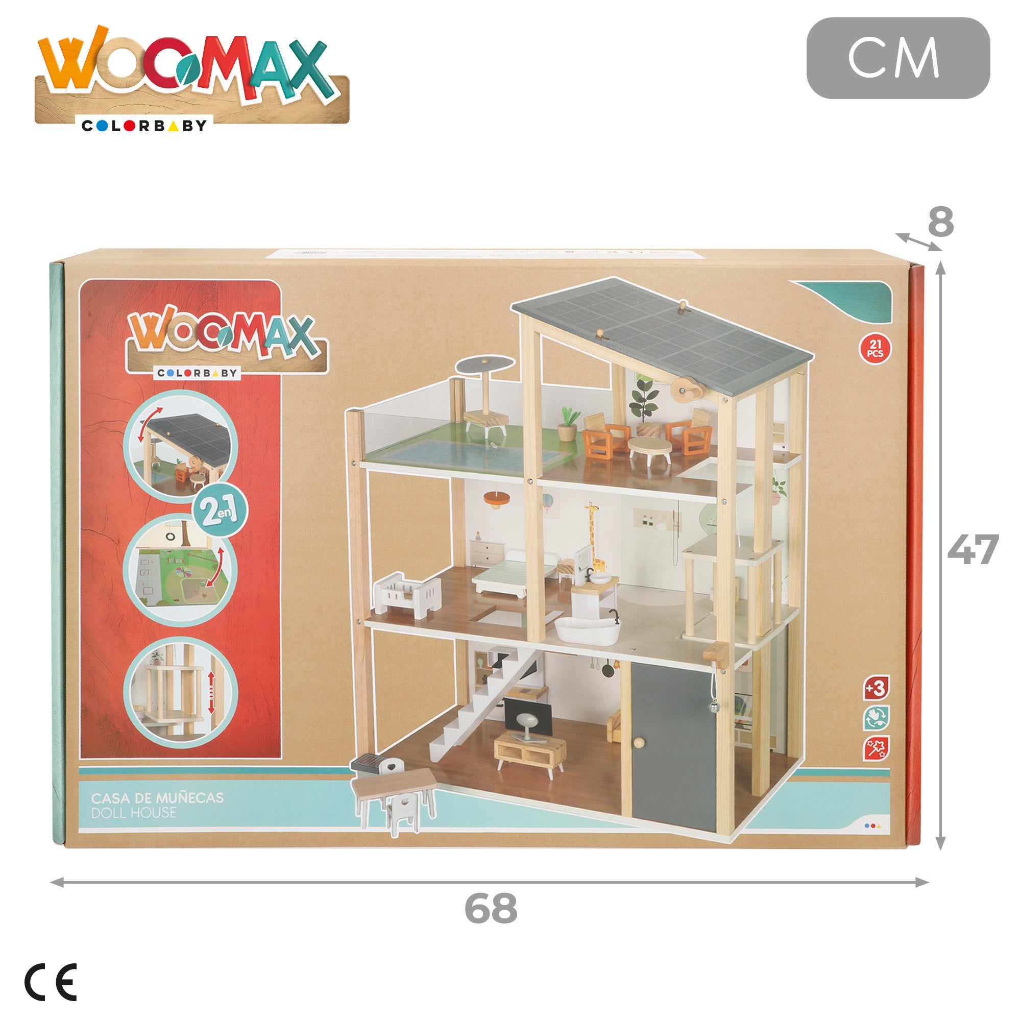 Casa de bonecas em madeira WOOMAX com 3 andares e acessórios.