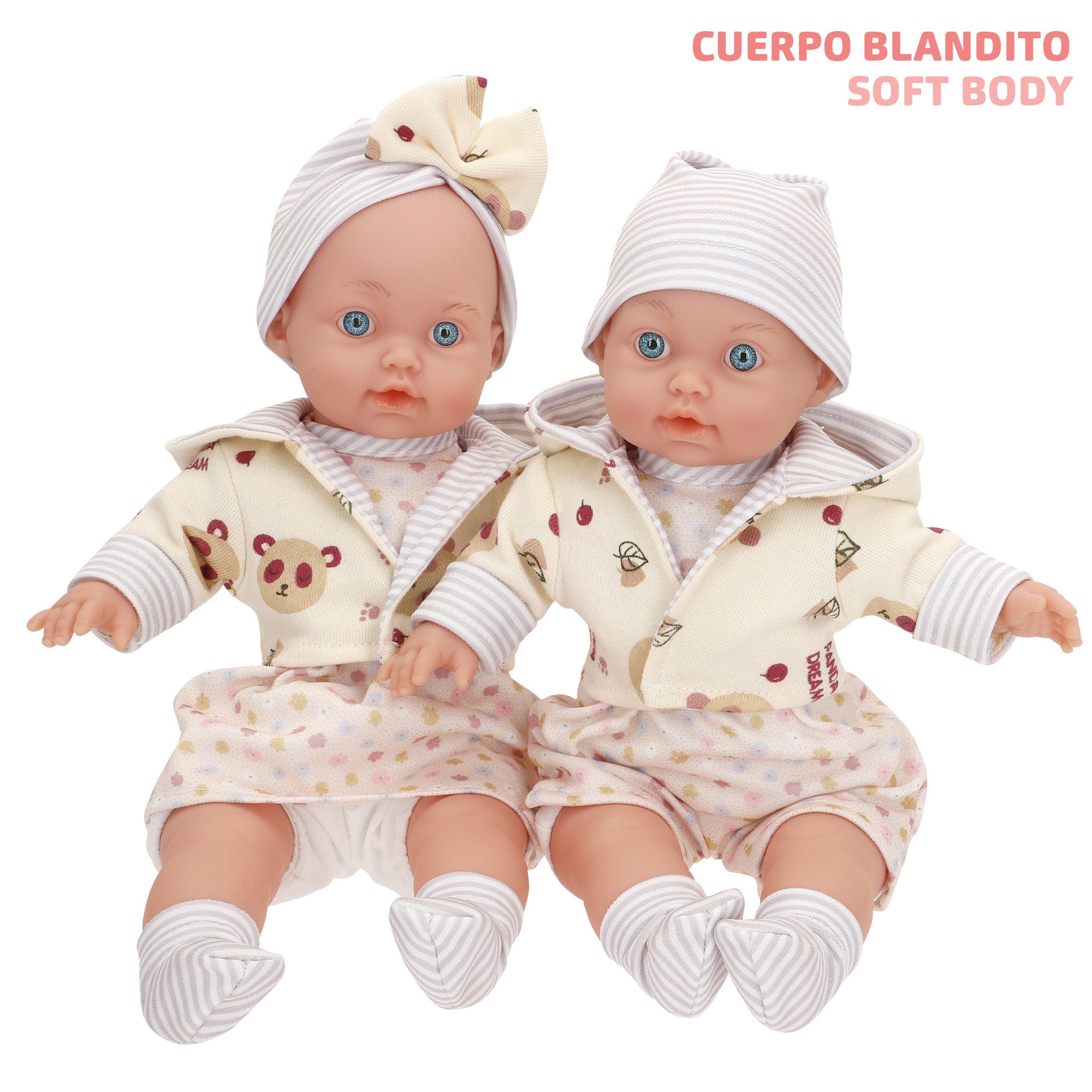 Conjunto de 2 bonecas bebés de 33 cm com roupa e corpo macio Colorbaby's