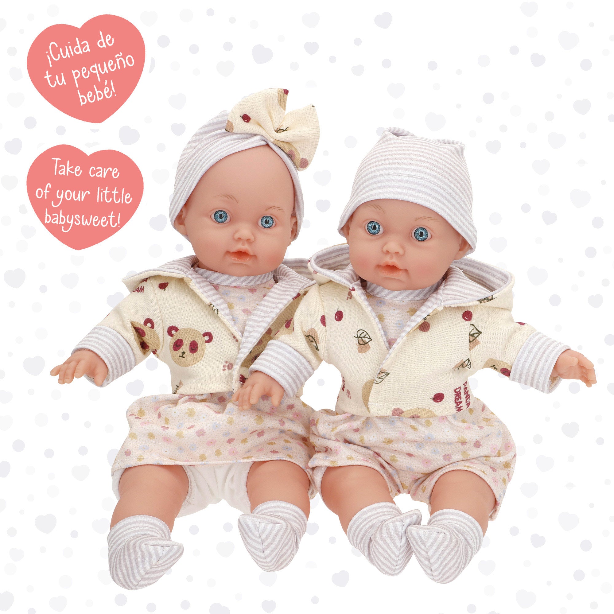 Conjunto de 2 bonecas bebés de 33 cm com roupa e corpo macio Colorbaby's