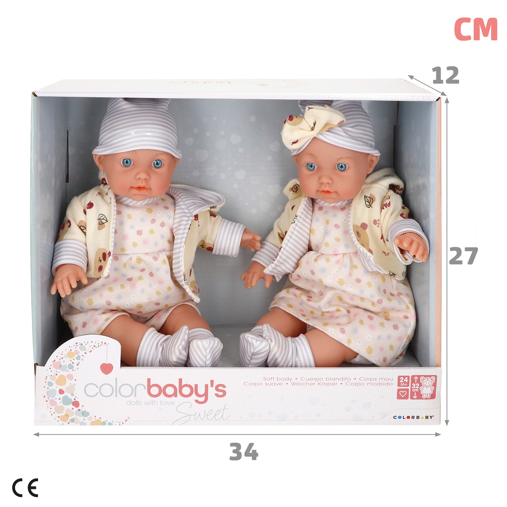 Conjunto de 2 bonecas bebés de 33 cm com roupa e corpo macio Colorbaby's