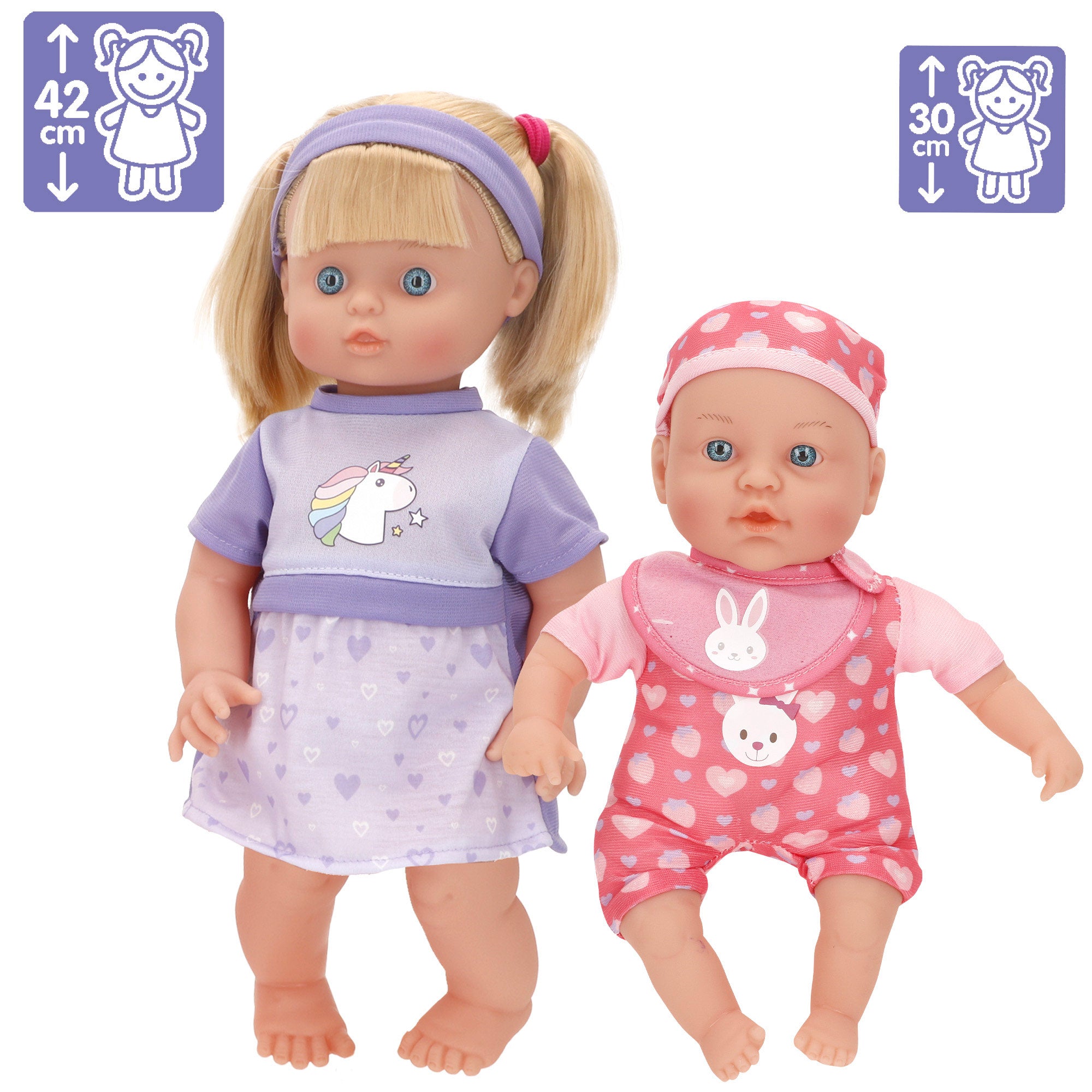 Conjunto de bonecas Colorbaby (menina com 41 cm e bebé com 32 cm) com acessórios.