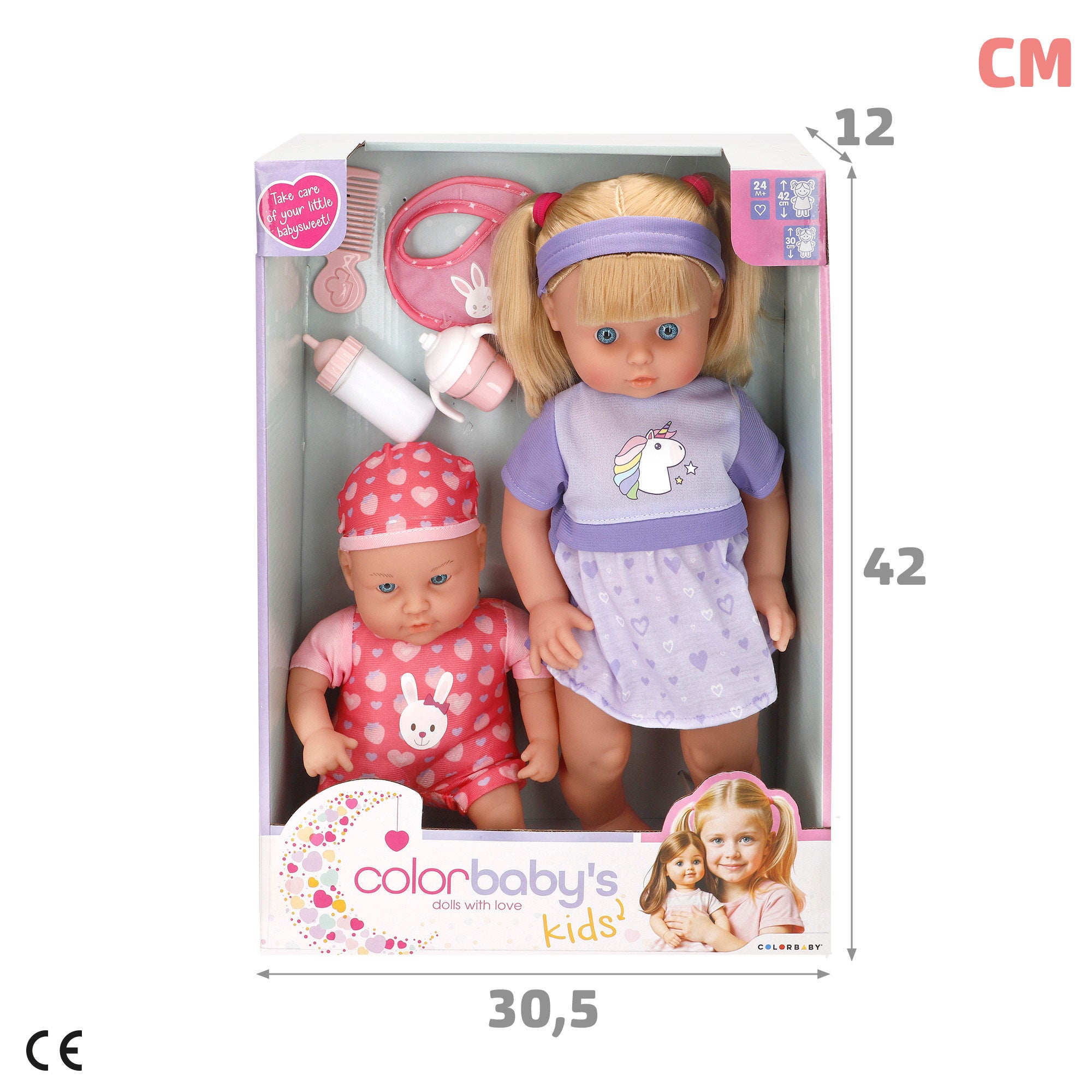 Conjunto de bonecas Colorbaby (menina com 41 cm e bebé com 32 cm) com acessórios.