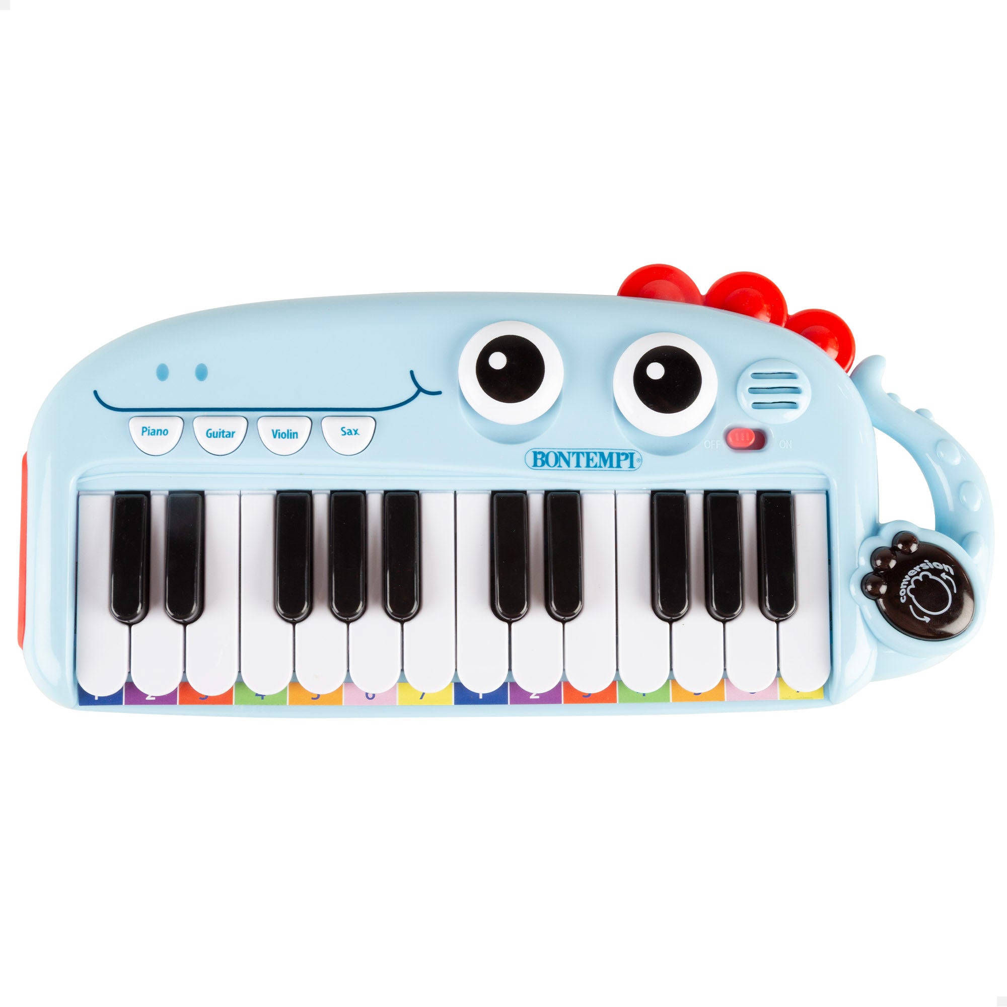 Piano de brinquedo Bontempi com 24 teclas, luzes e efeitos sonoros para crianças.
