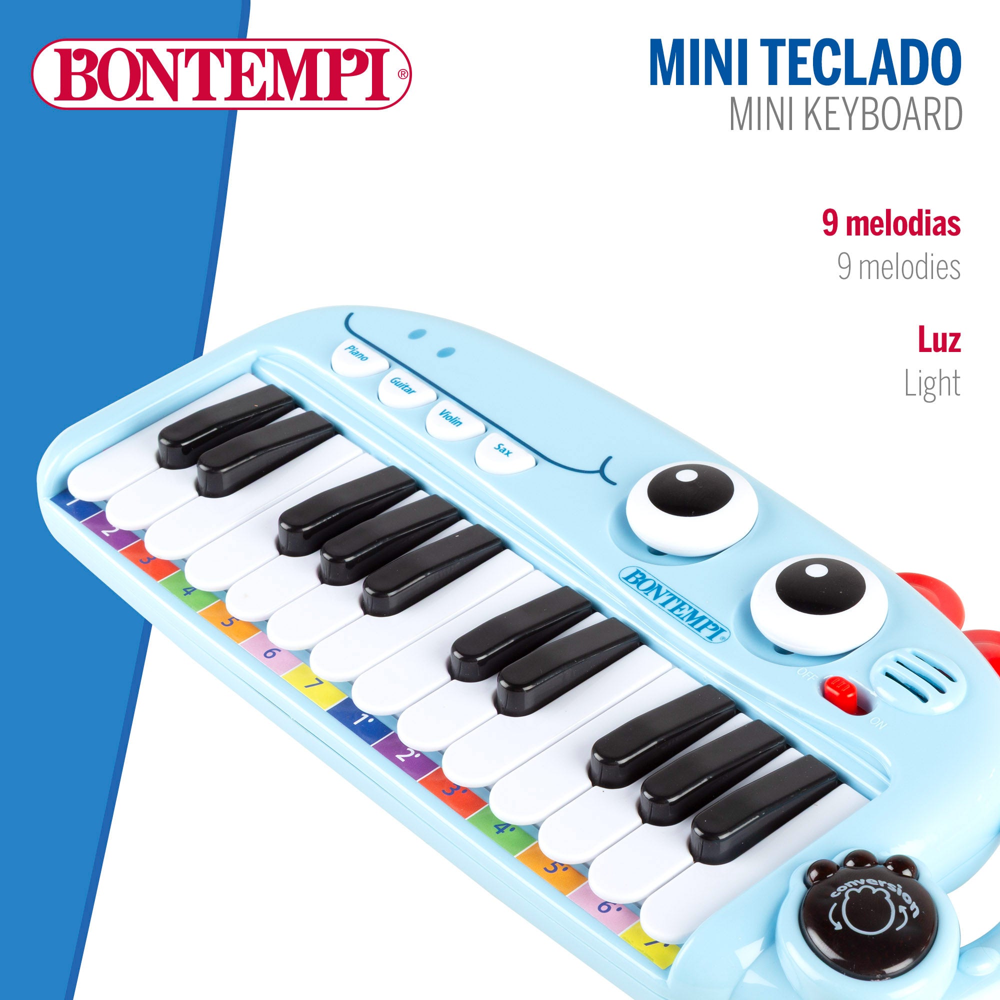 Piano de brinquedo Bontempi com 24 teclas, luzes e efeitos sonoros para crianças.