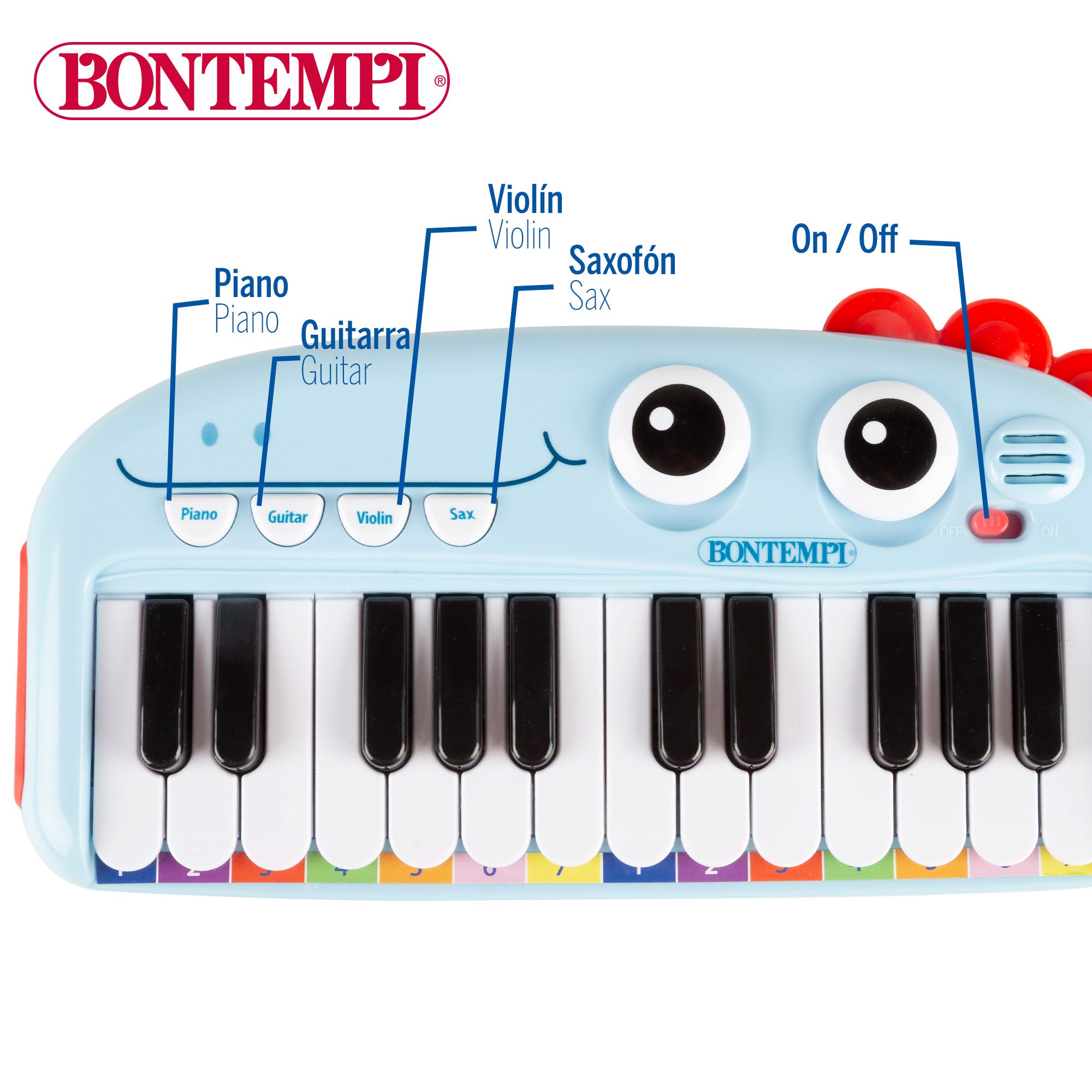 Piano de brinquedo Bontempi com 24 teclas, luzes e efeitos sonoros para crianças.