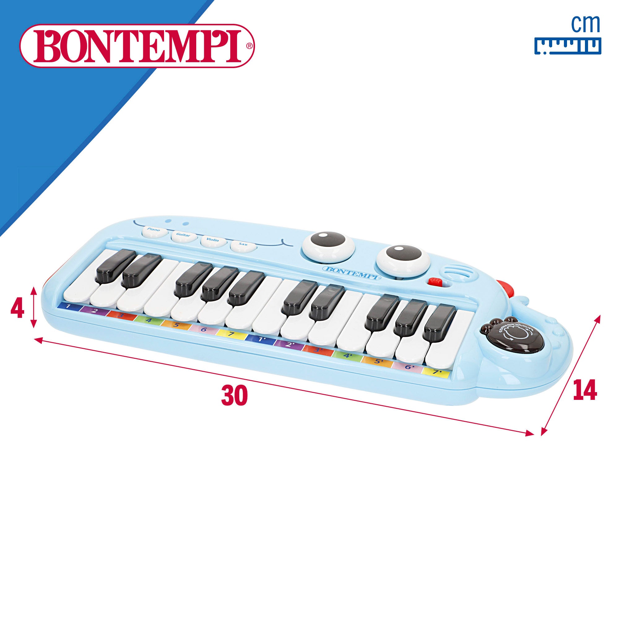 Piano de brinquedo Bontempi com 24 teclas, luzes e efeitos sonoros para crianças.