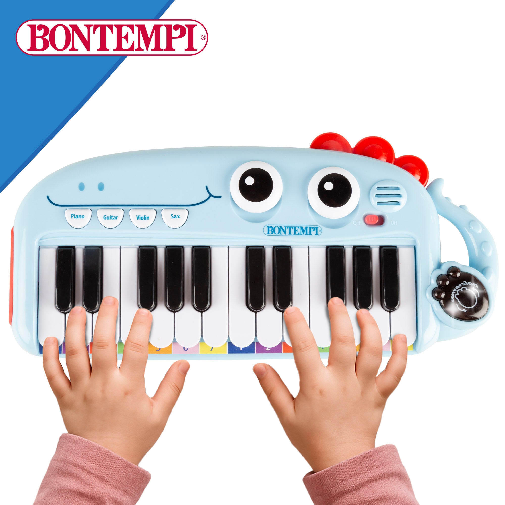 Piano de brinquedo Bontempi com 24 teclas, luzes e efeitos sonoros para crianças.