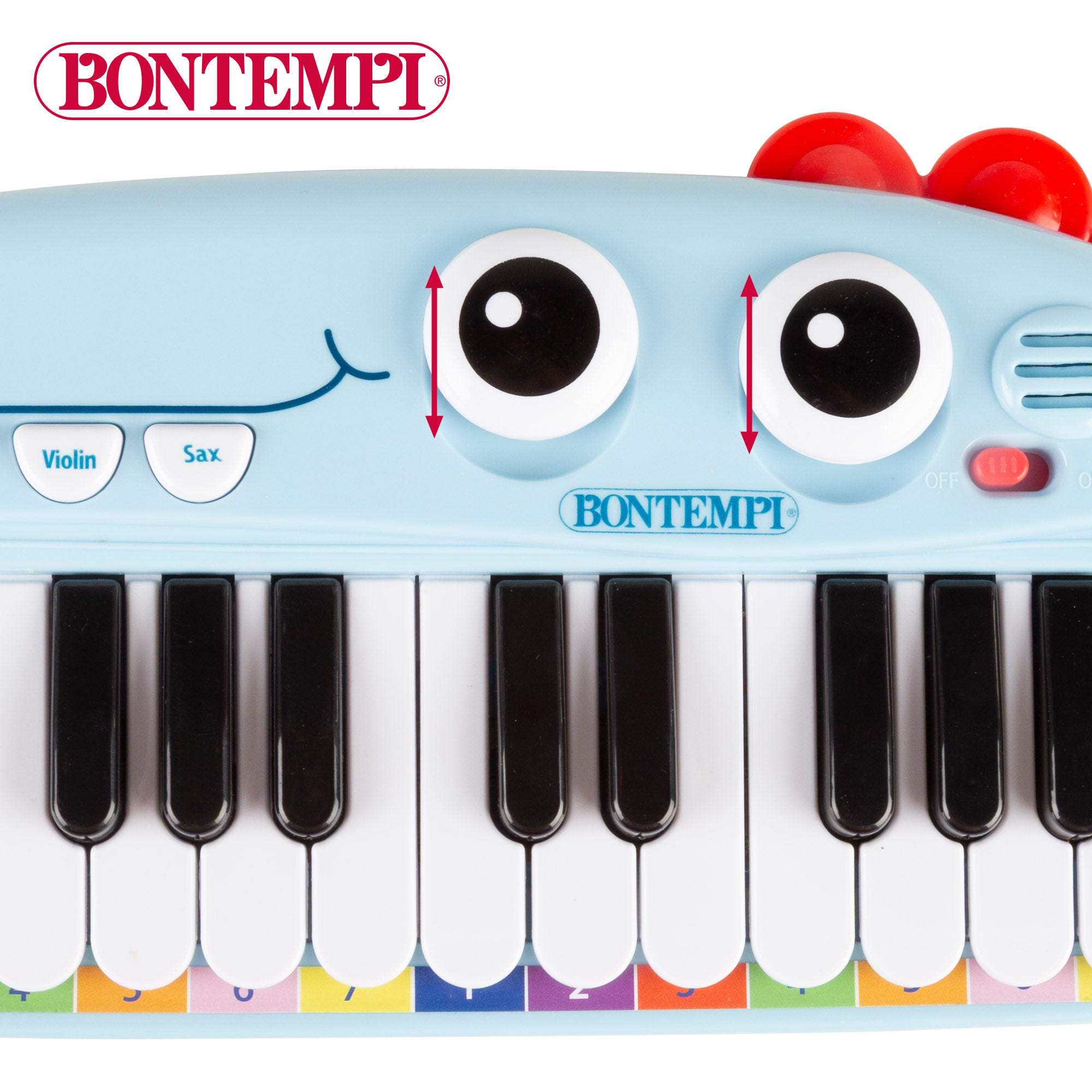 Piano de brinquedo Bontempi com 24 teclas, luzes e efeitos sonoros para crianças.