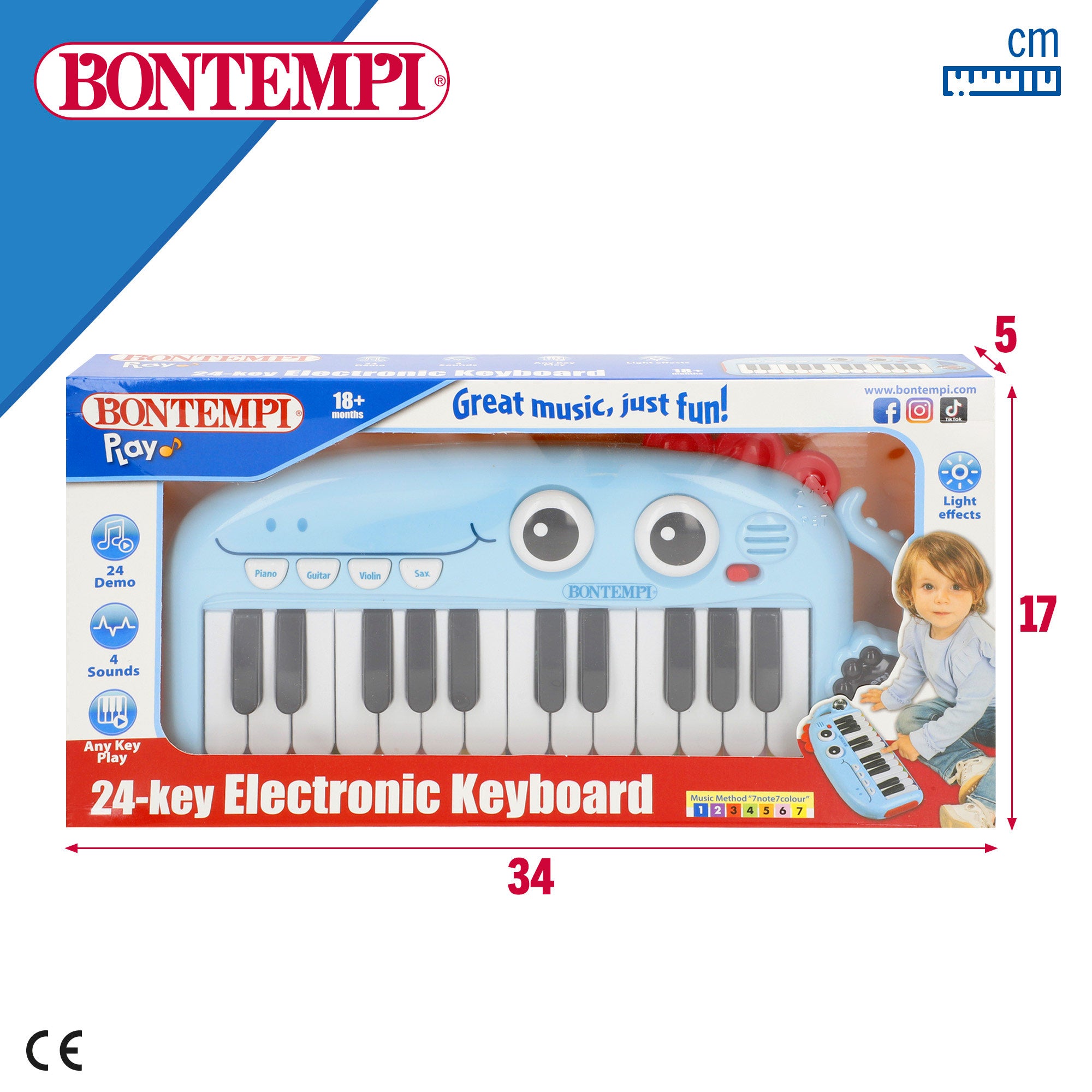 Piano de brinquedo Bontempi com 24 teclas, luzes e efeitos sonoros para crianças.