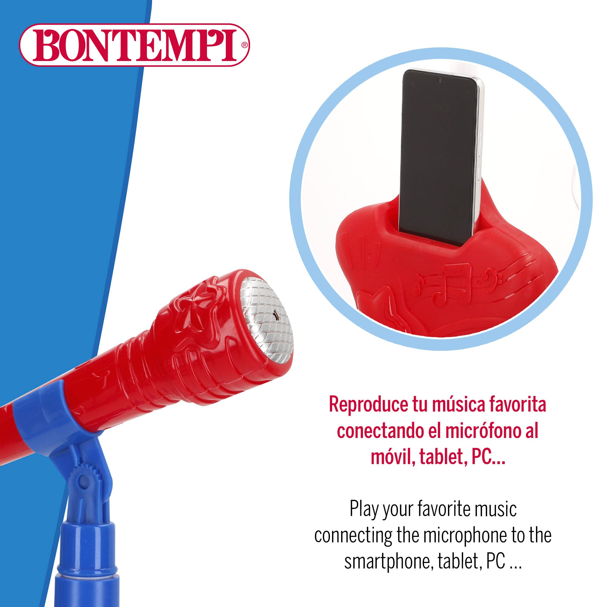 Microfone de brinquedo infantil sem fios Bontempi com melodias e luzes.