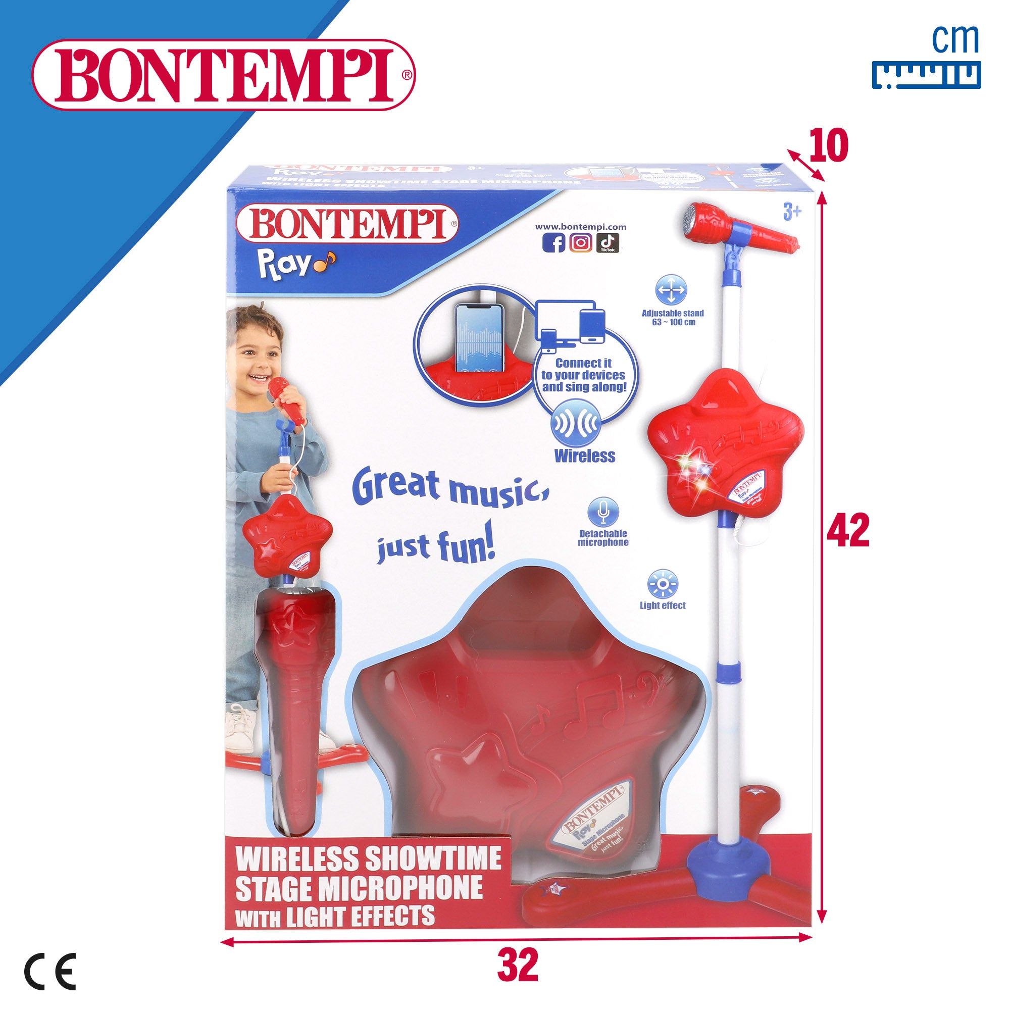 Microfone de brinquedo infantil sem fios Bontempi com melodias e luzes.