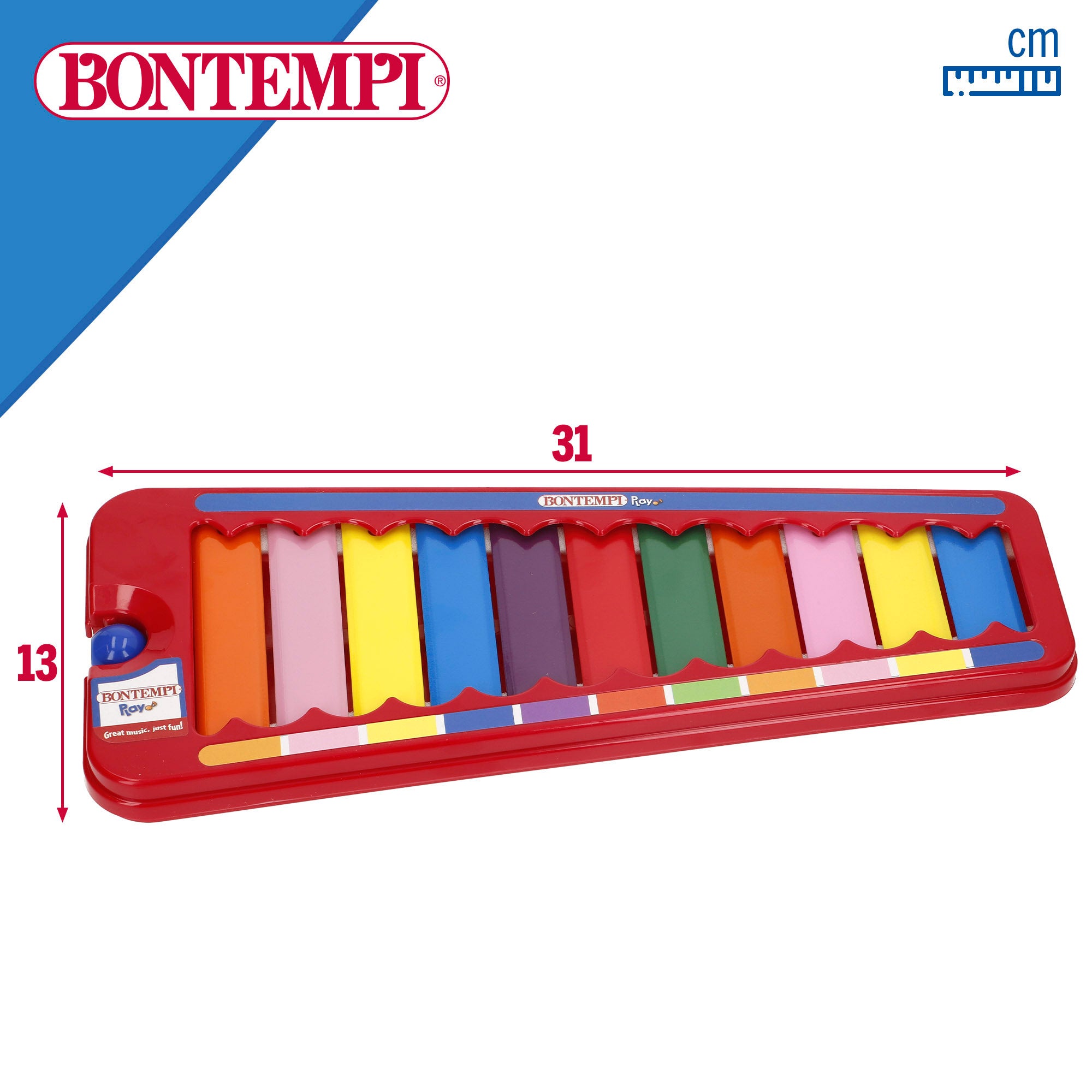 Xilofone infantil em metal com 8 notas e baqueta Bontempi.
