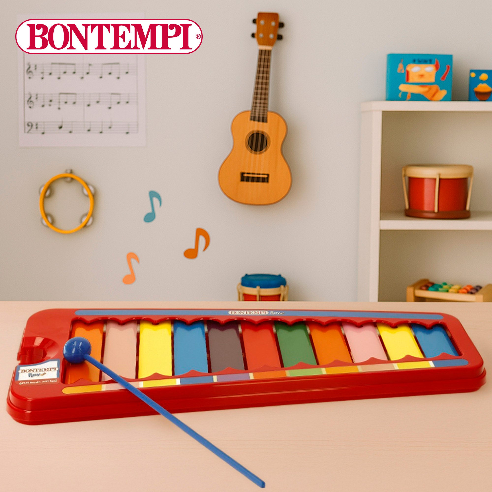 Xilofone infantil em metal com 8 notas e baqueta Bontempi.