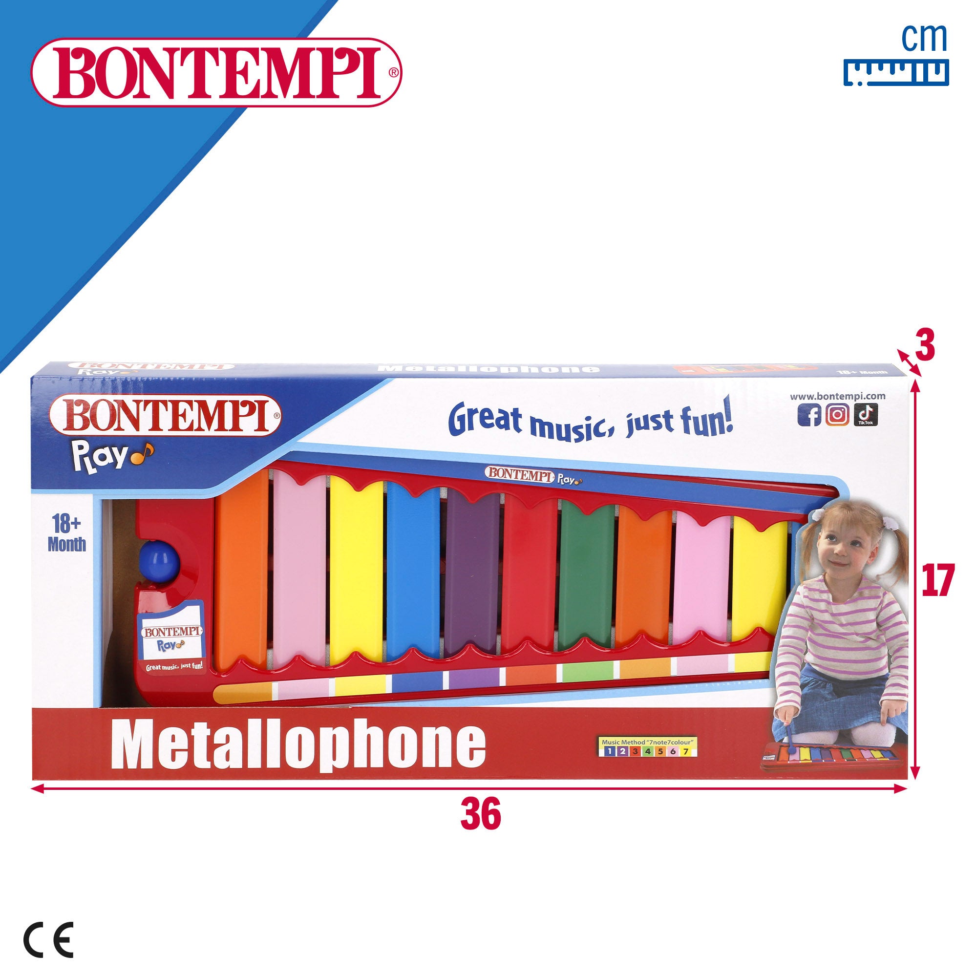Xilofone infantil em metal com 8 notas e baqueta Bontempi.
