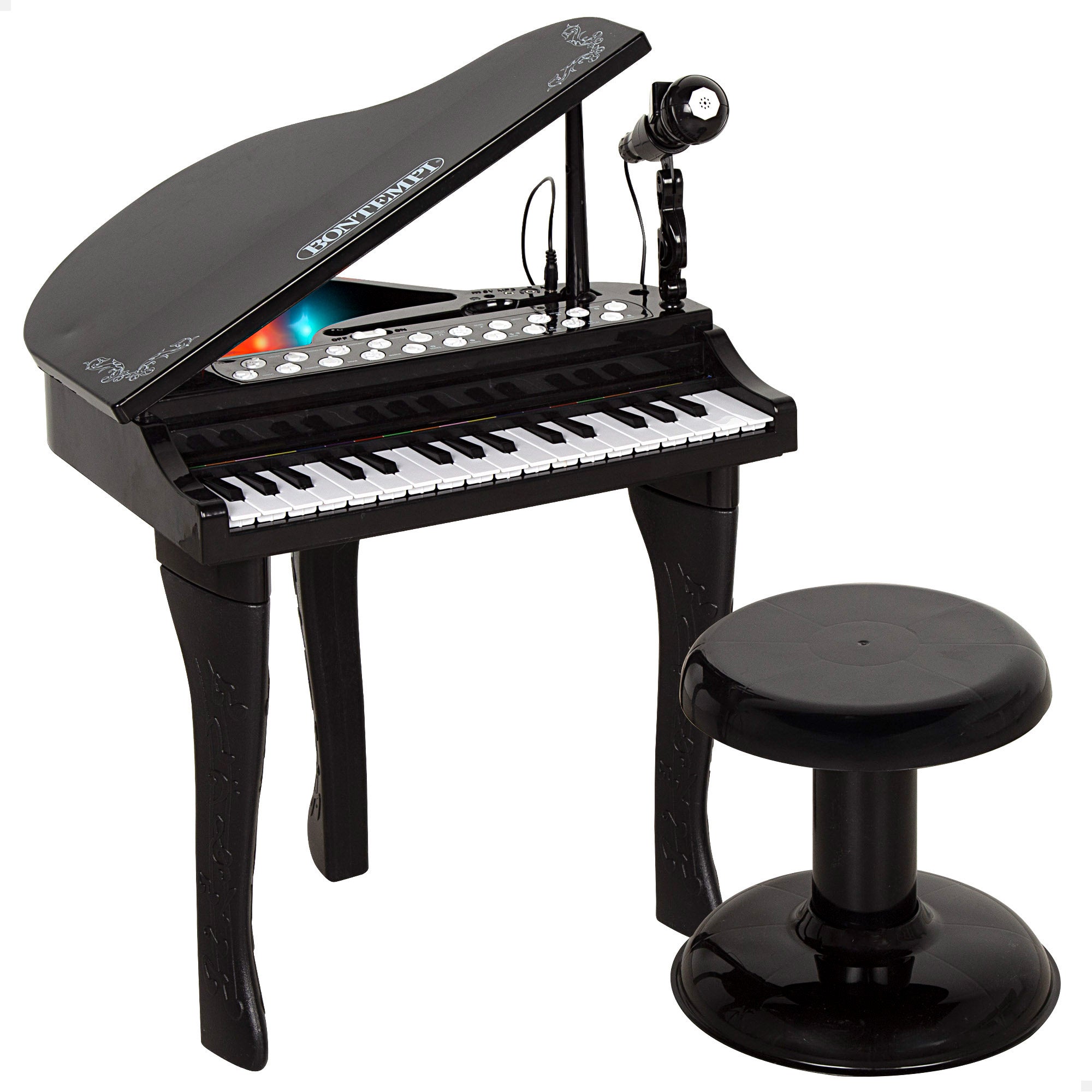 Piano de brinquedo Bontempi com 32 teclas, microfone e banquinho para crianças.