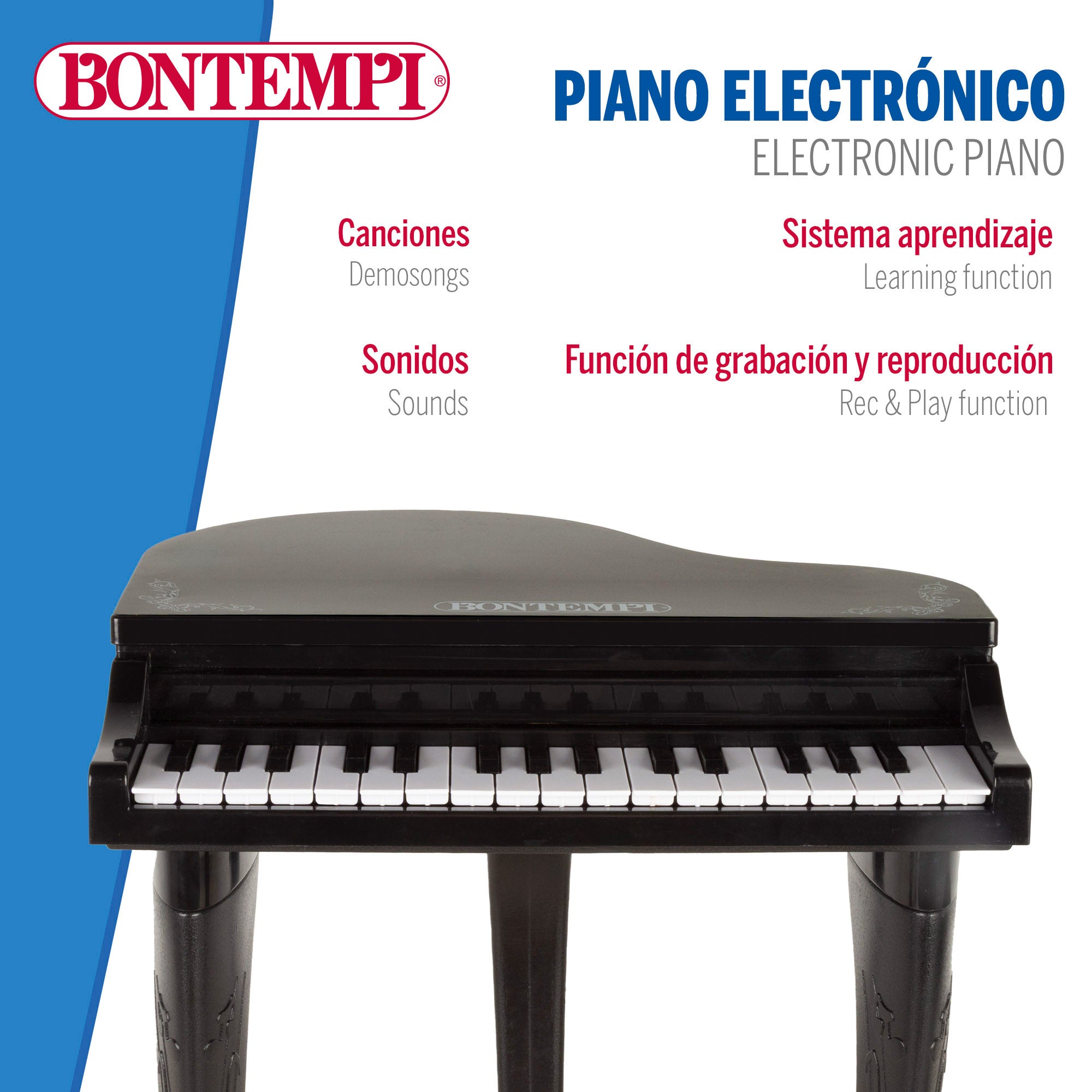 Piano de brinquedo Bontempi com 32 teclas, microfone e banquinho para crianças.
