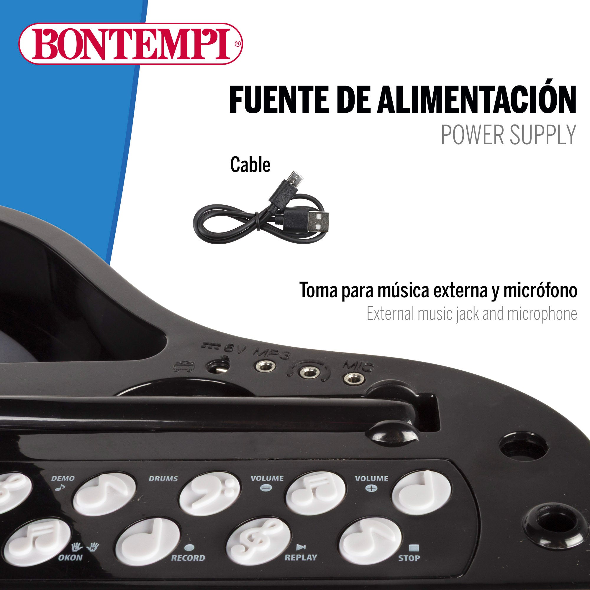Piano de brinquedo Bontempi com 32 teclas, microfone e banquinho para crianças.