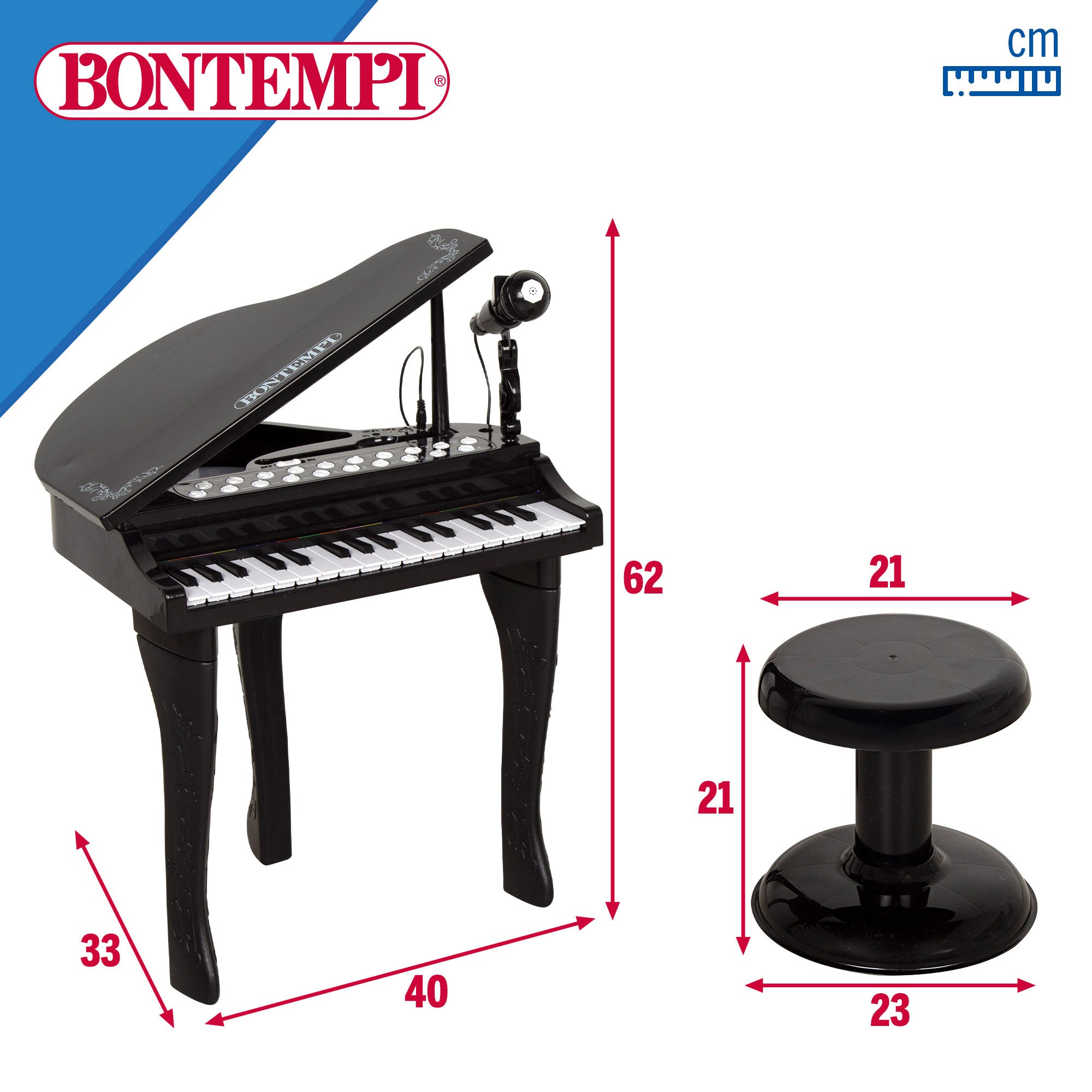 Piano de brinquedo Bontempi com 32 teclas, microfone e banquinho para crianças.